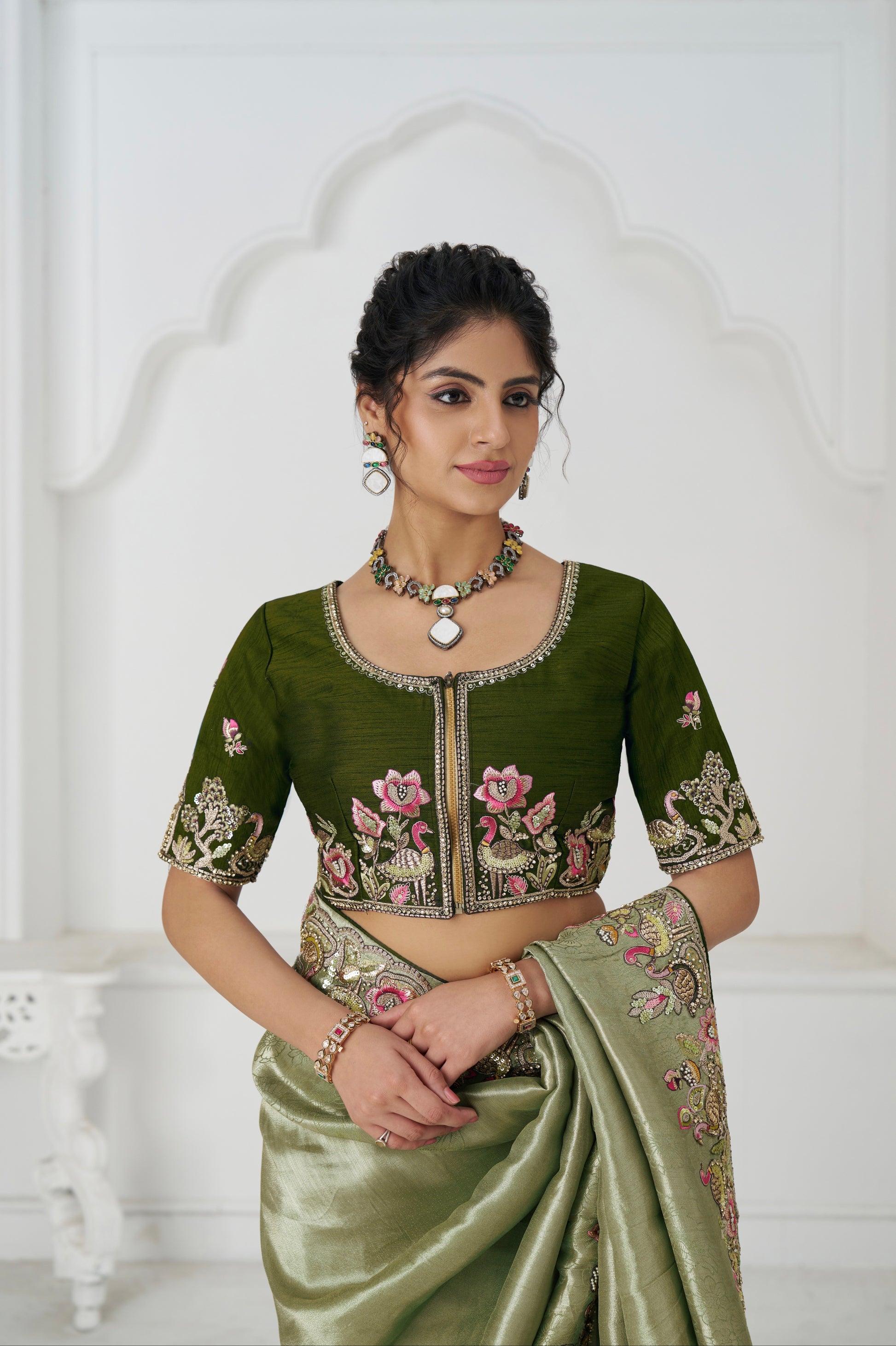 Mehendi Dola silk saree with sequin and bead work