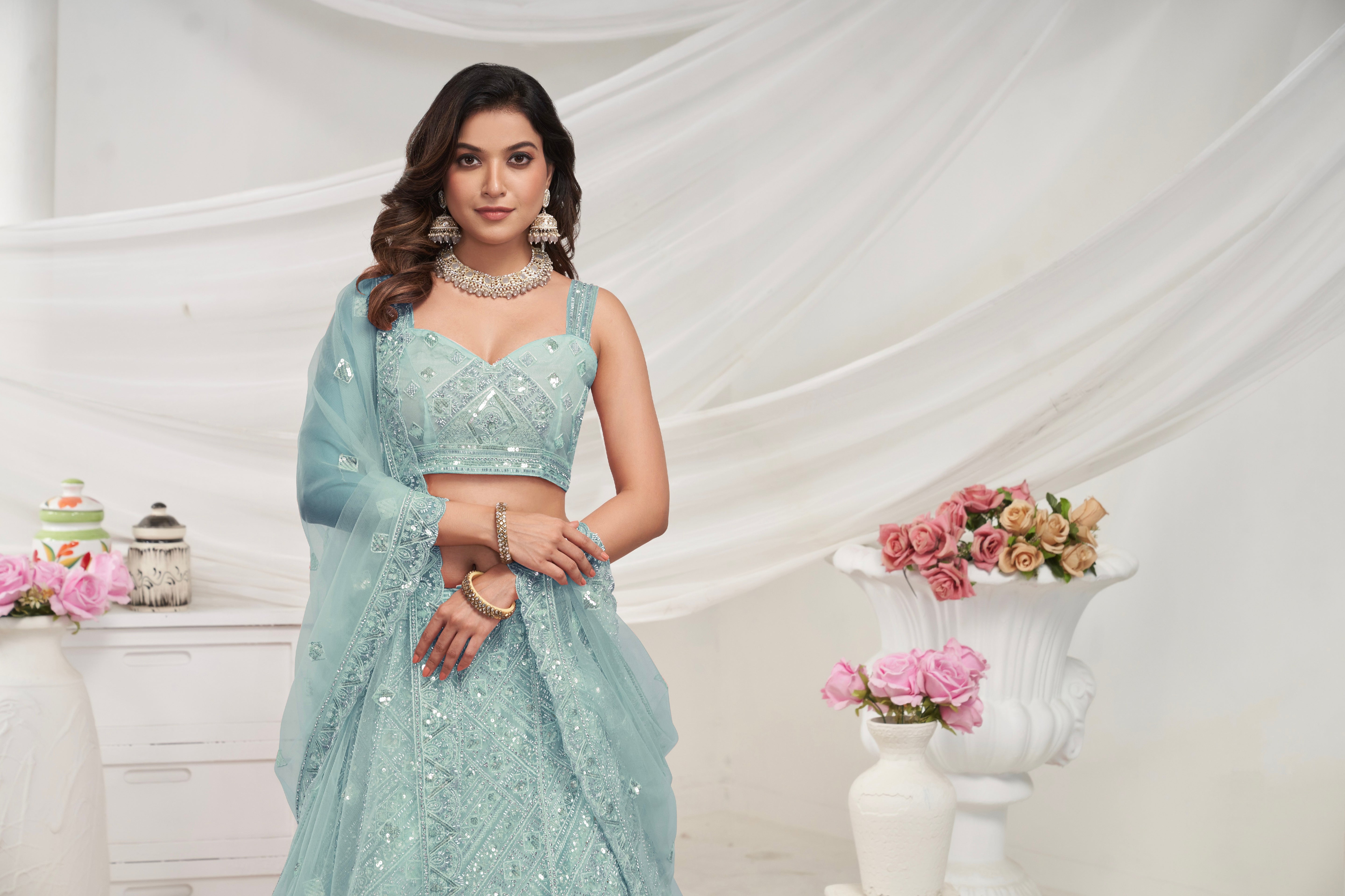 Sky Blue Net Lehenga with Sequin & Cut Dana - Bridal Ensemble