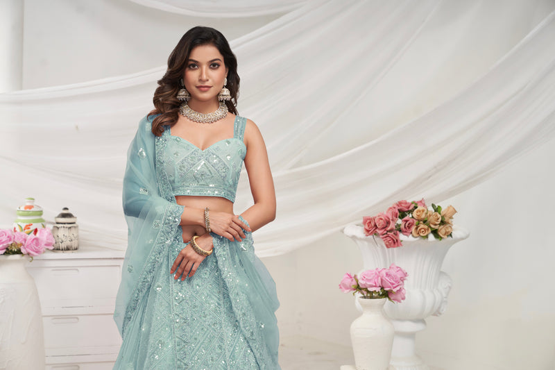 Sky Blue Net Lehenga with Sequin & Cut Dana - Bridal Ensemble
