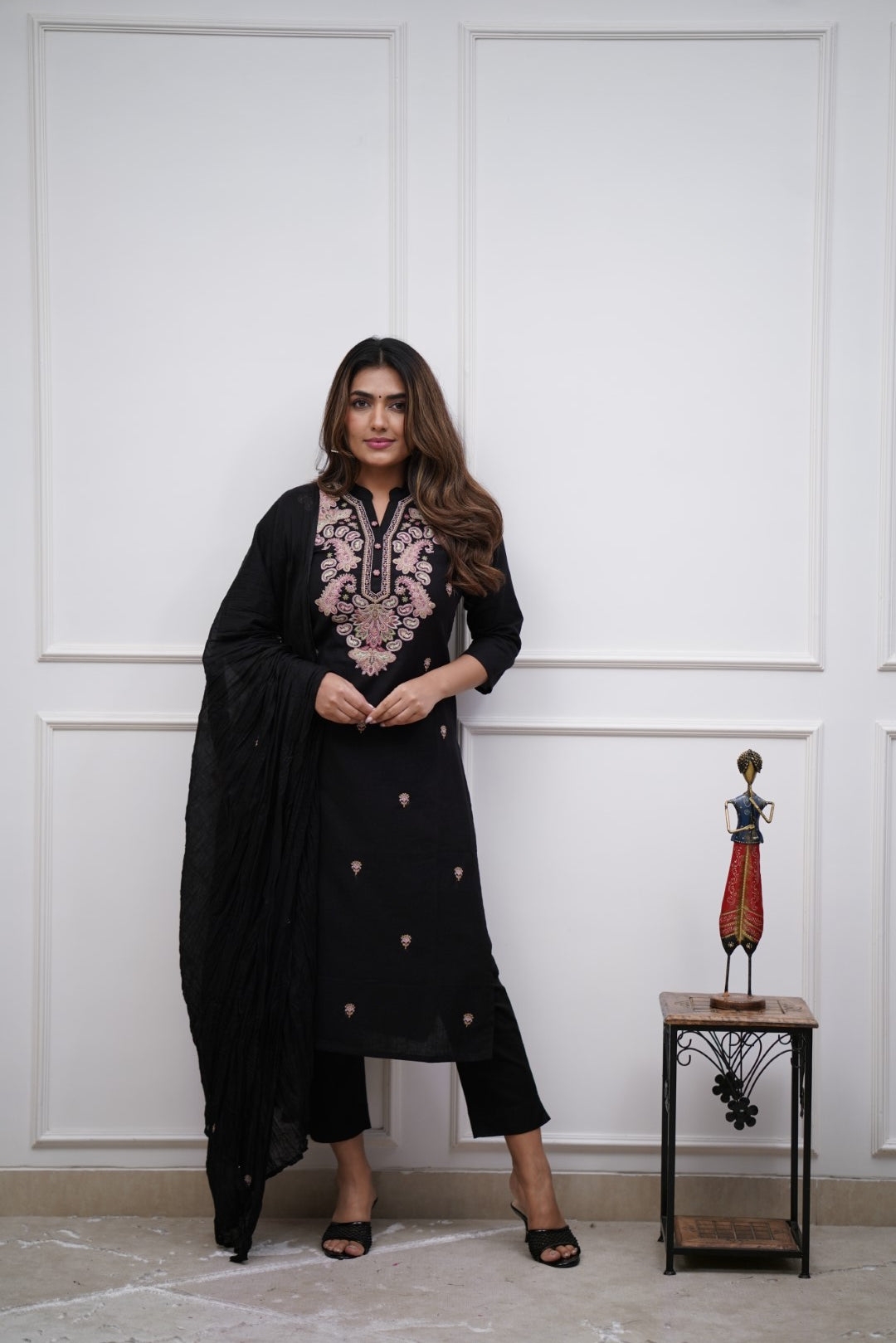 Black Viscose Chanderi Kurti Set with Embroidery & Dupatta