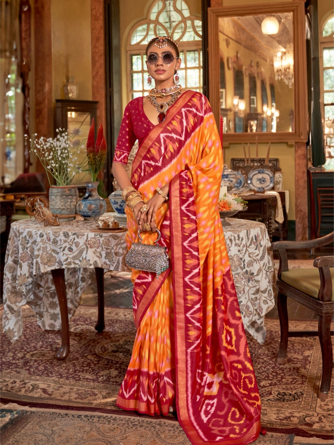 Orange &amp; Yellow Patola Silk Saree