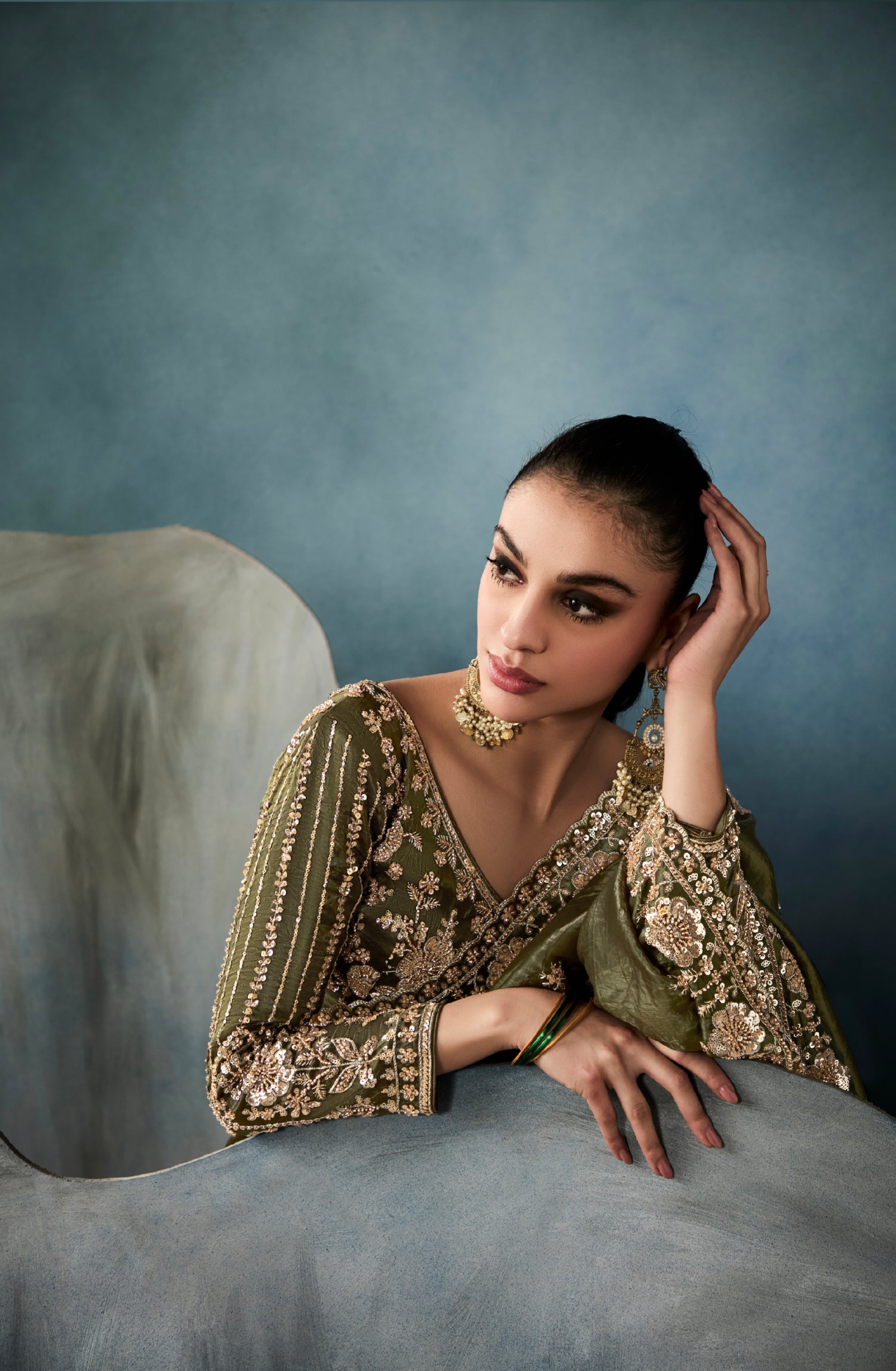 Olive Green Tissue Saree with Hand Embroidery & Designer Border