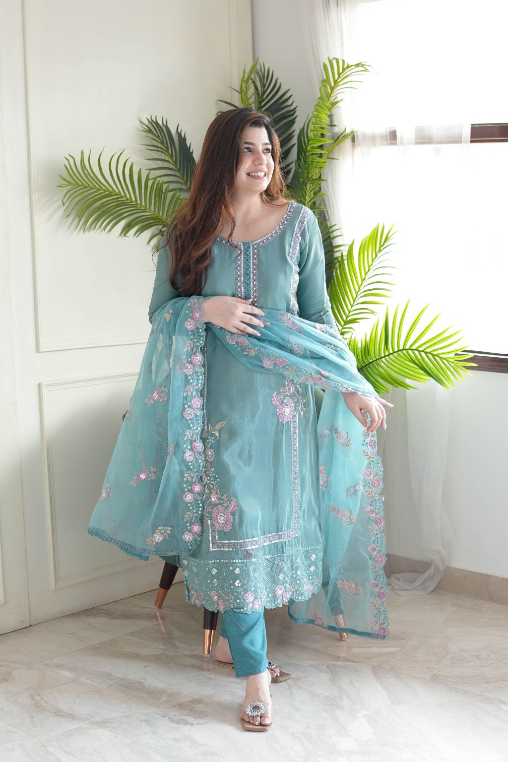 Sea Green Pure Chinon Kurti Set with Taby Organza Dupatta
