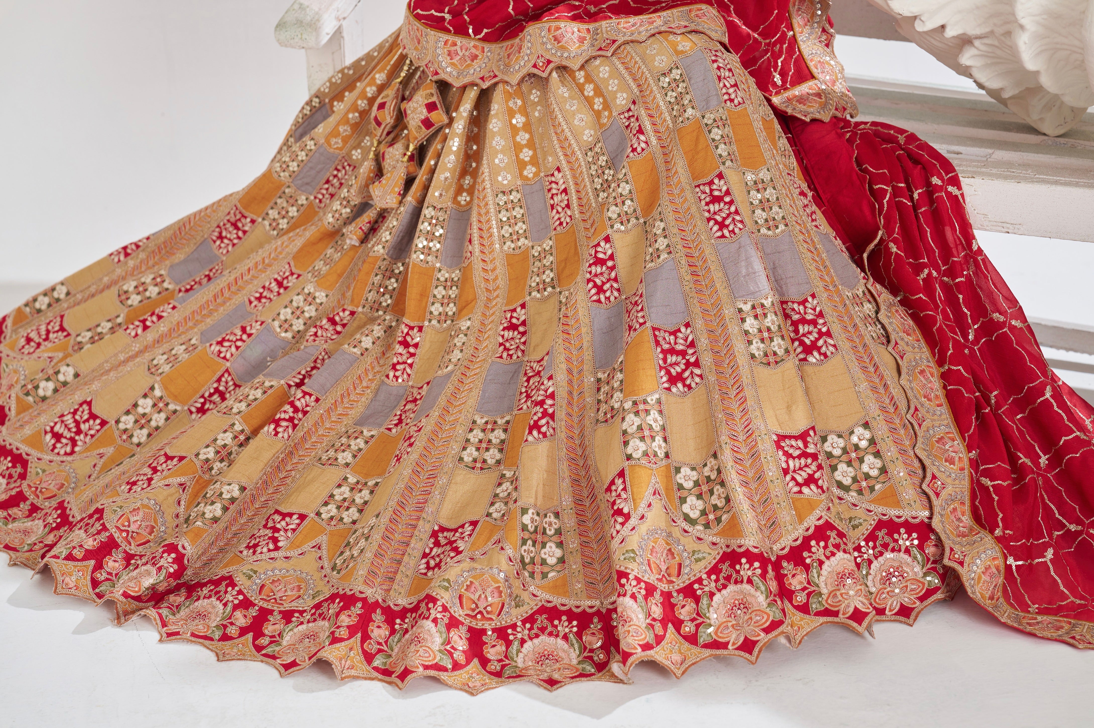 Mustard Dola Silk Bridal Lehenga with Red Dupatta