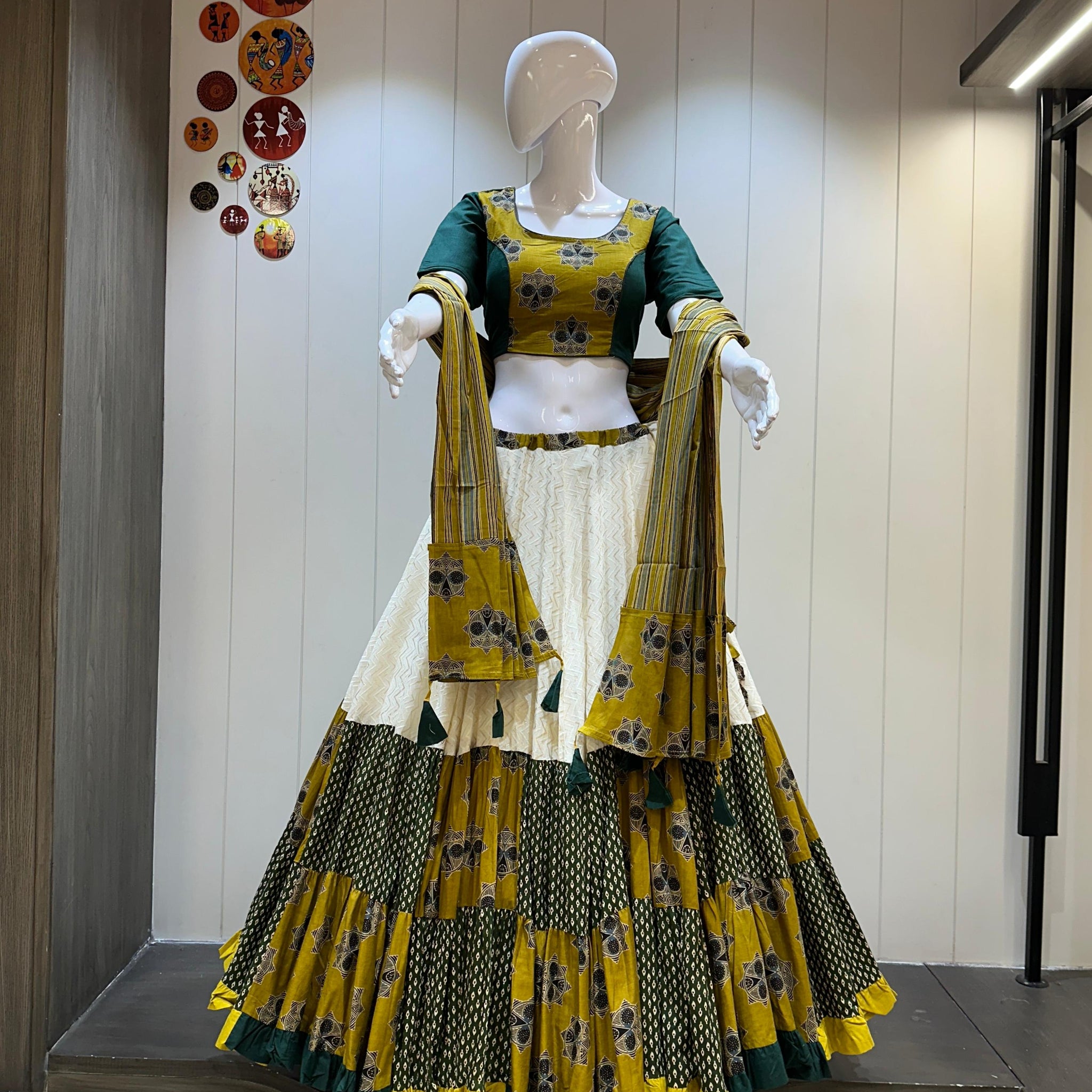 Green & Yellow Traditional Cotton Chaniya Choli Set