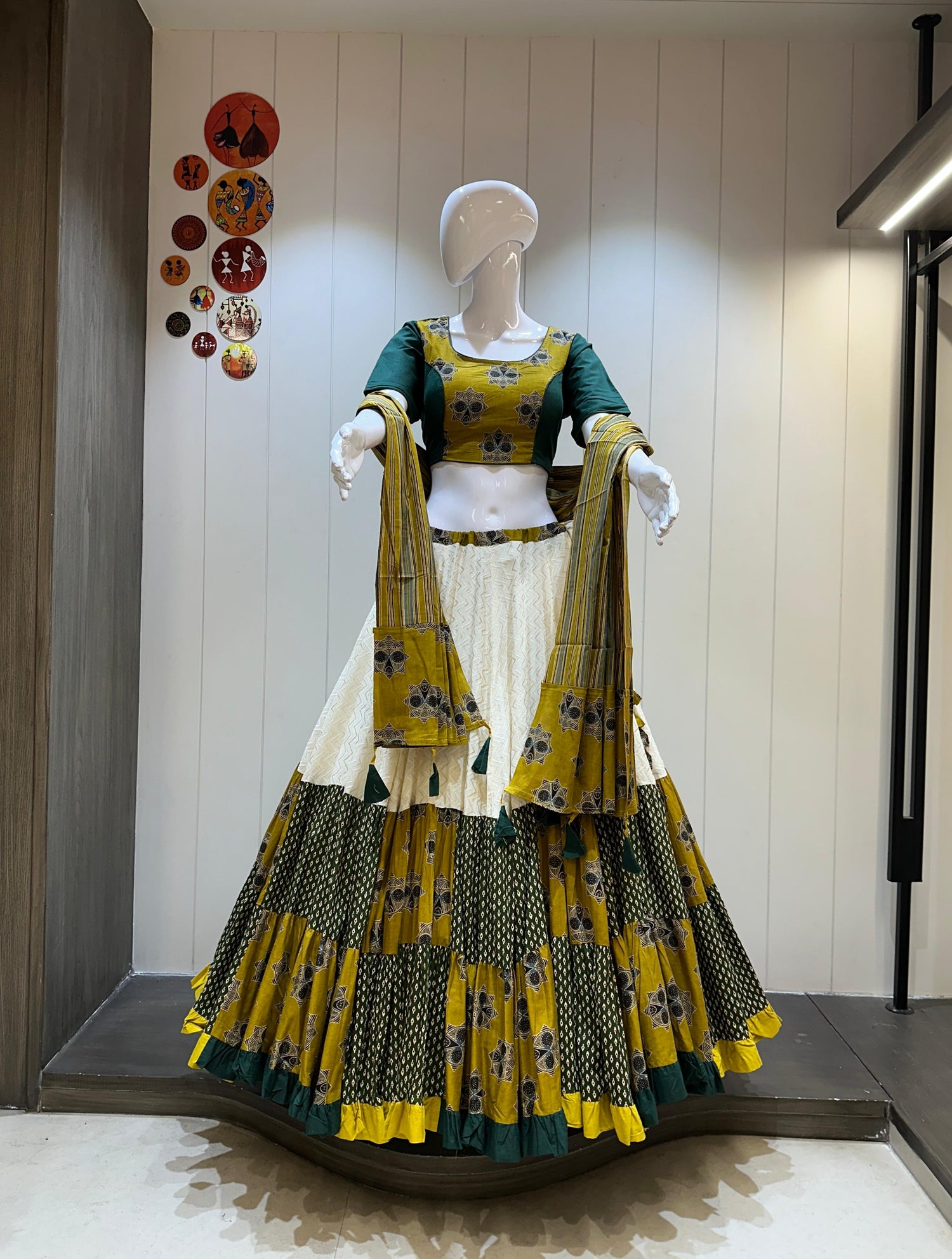 Green &amp; Yellow Traditional Cotton Chaniya Choli Set