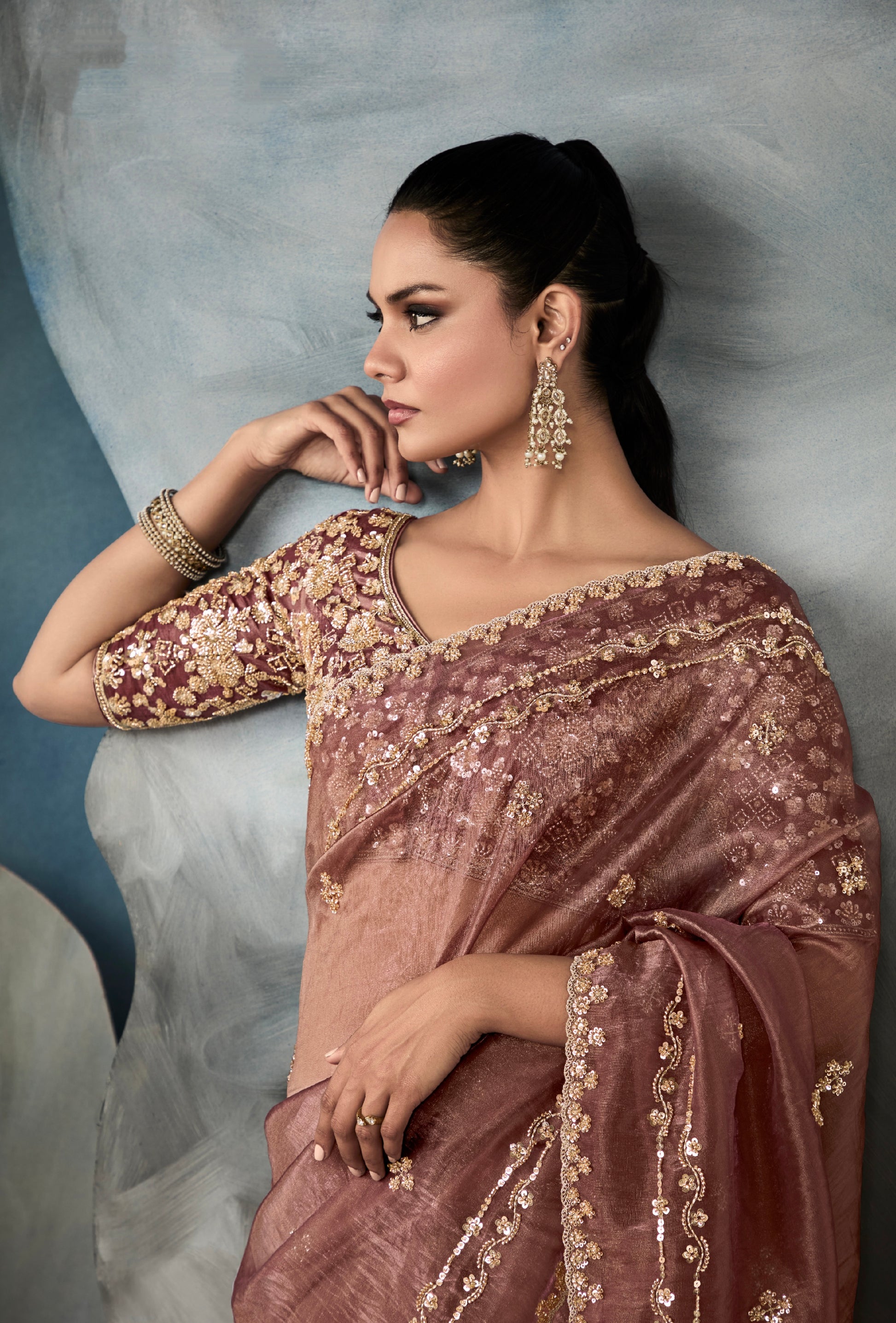 Elegant dusty rose saree with satin blouse and cutwork

