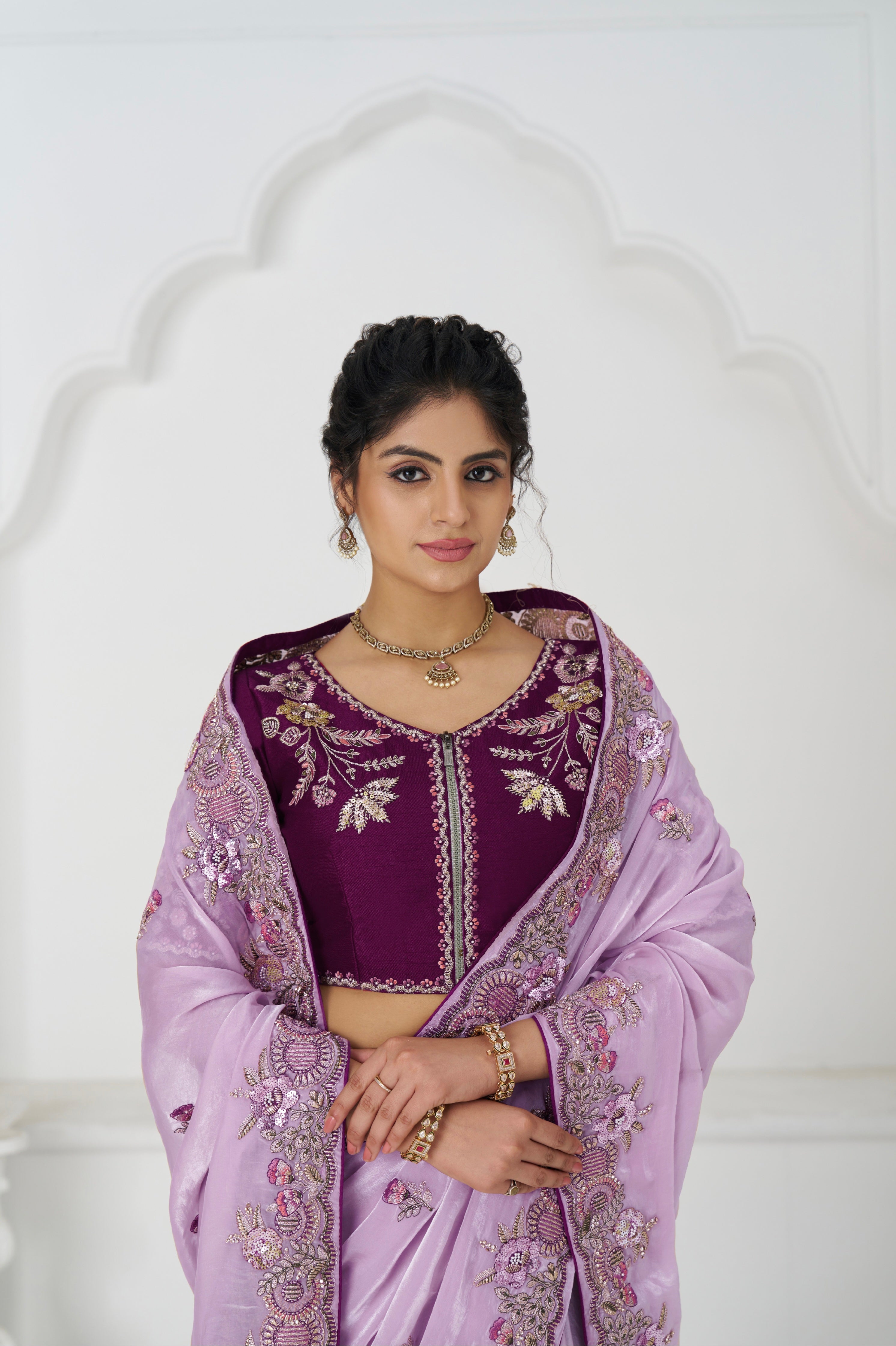 Elegant mauve saree with sequin work and blouse