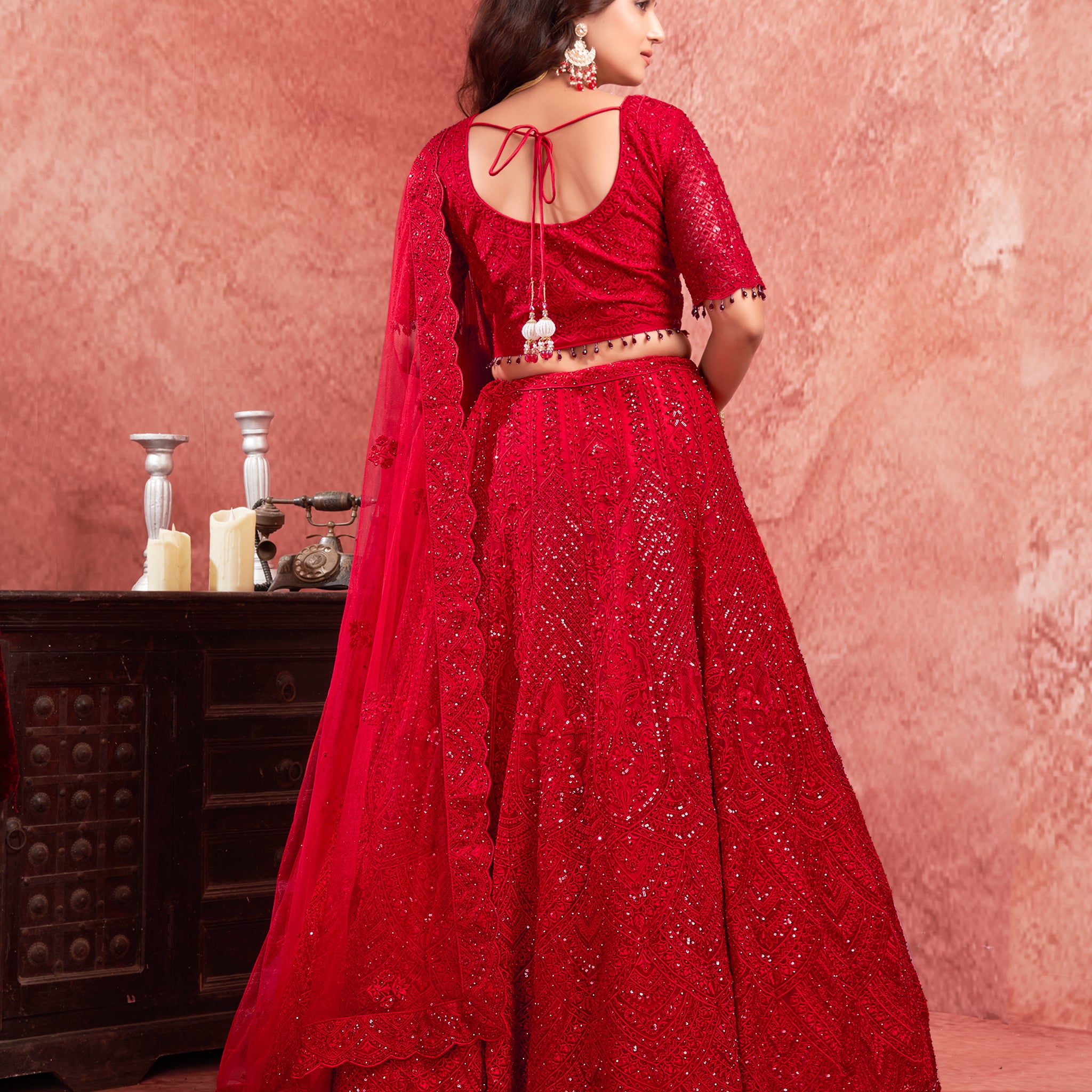 Red Premium Net Bridal Lehenga Zarkan Embellishments