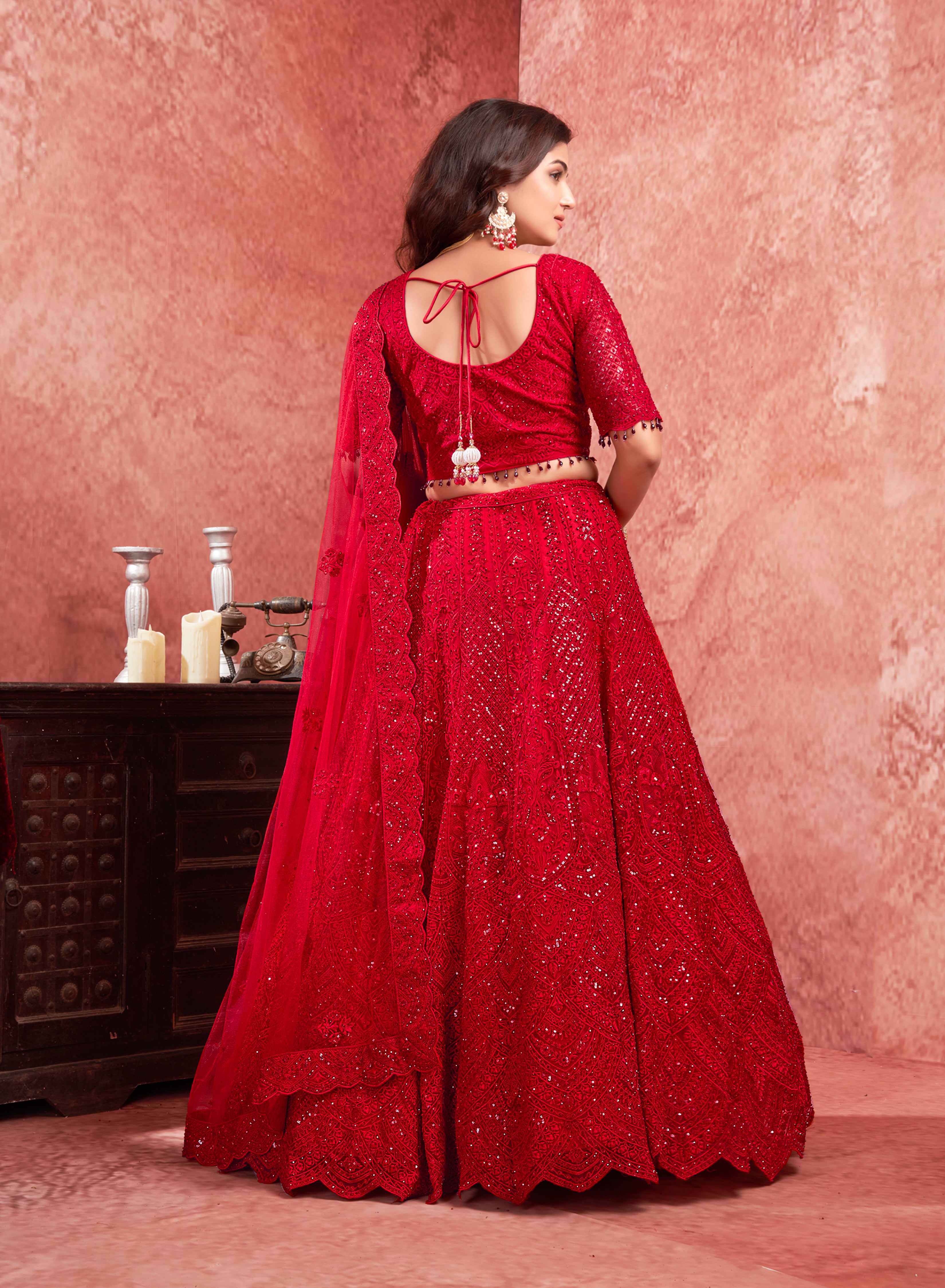 Red Premium Net Bridal Lehenga Zarkan Embellishments