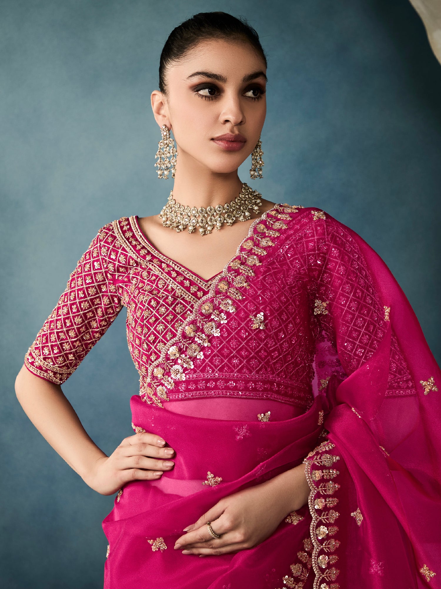 Festive wear magenta tissue saree with designer blouse

