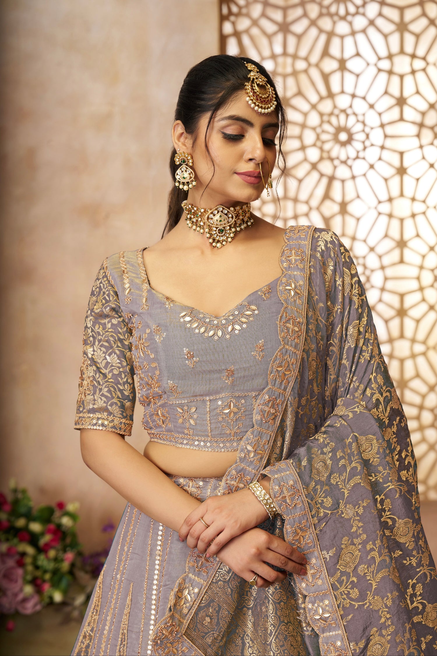 Designer onion pink lehenga for bride


