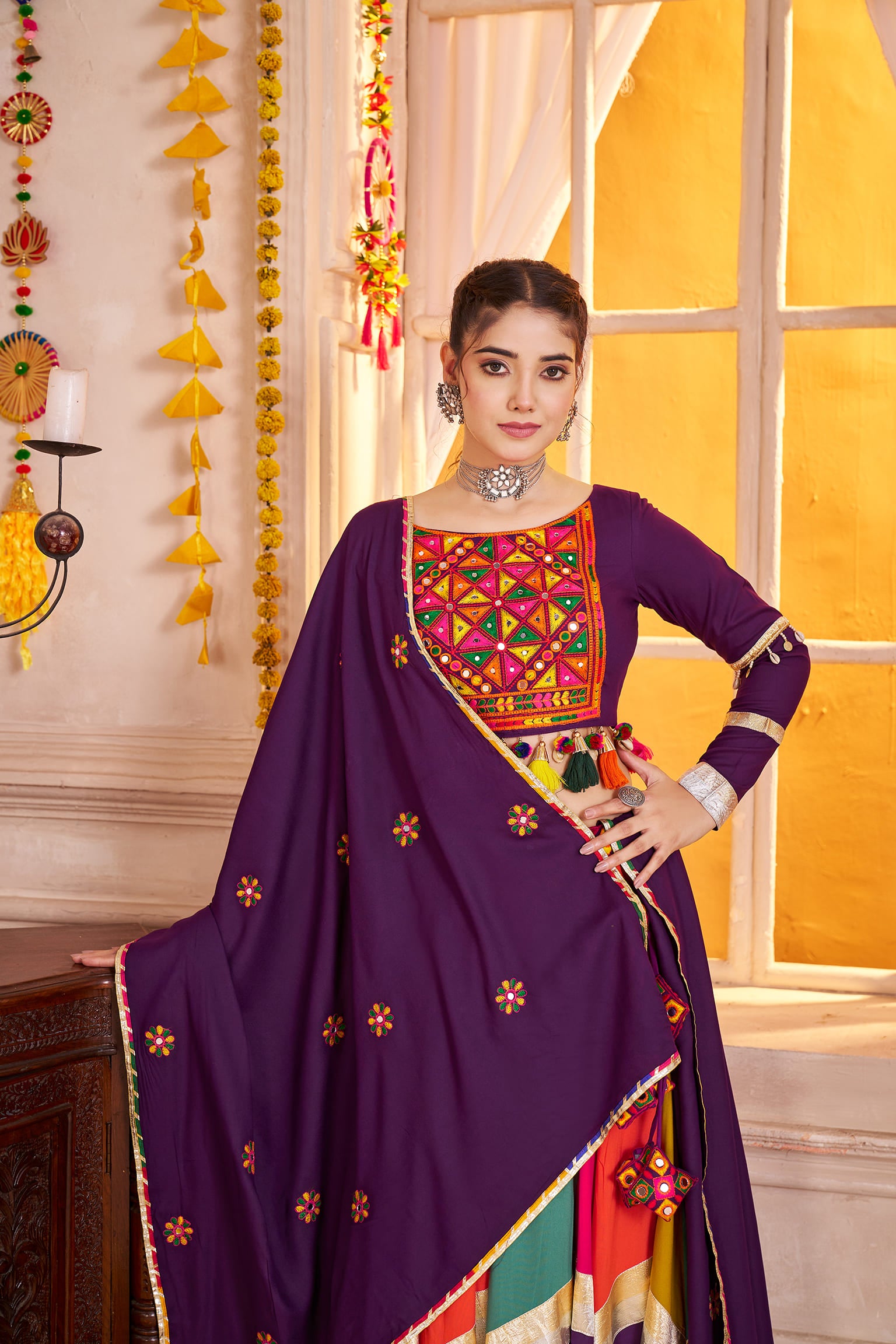Purple Multicolor Navratri Chaniya Choli with Embroidered Dupatta