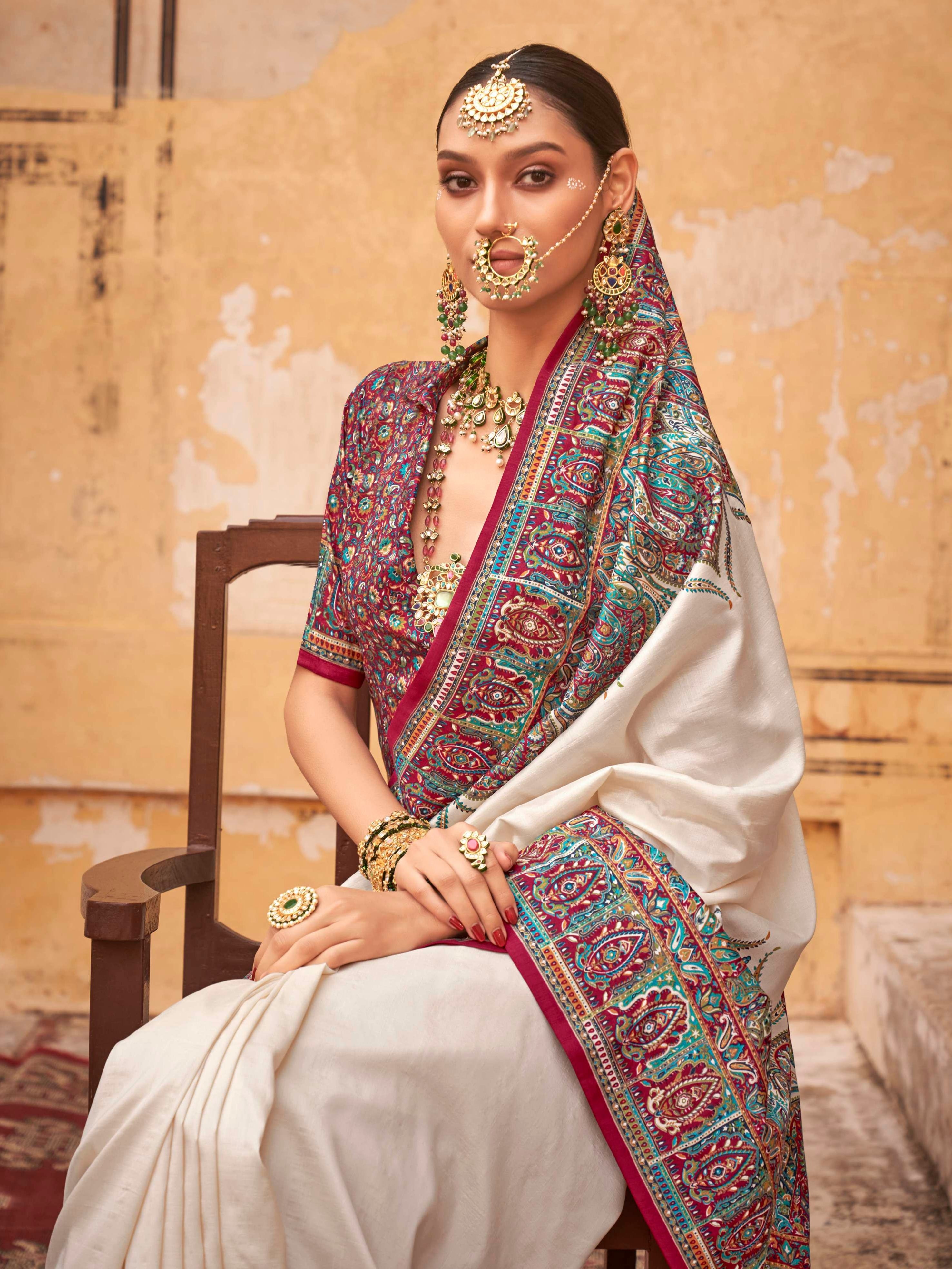 White &amp; Maroon Patola Silk Saree