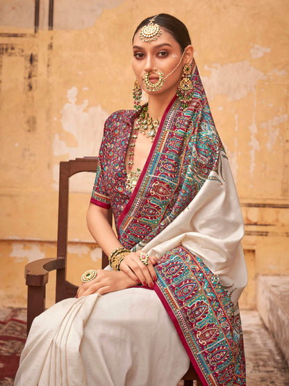 White &amp; Maroon Patola Silk Saree