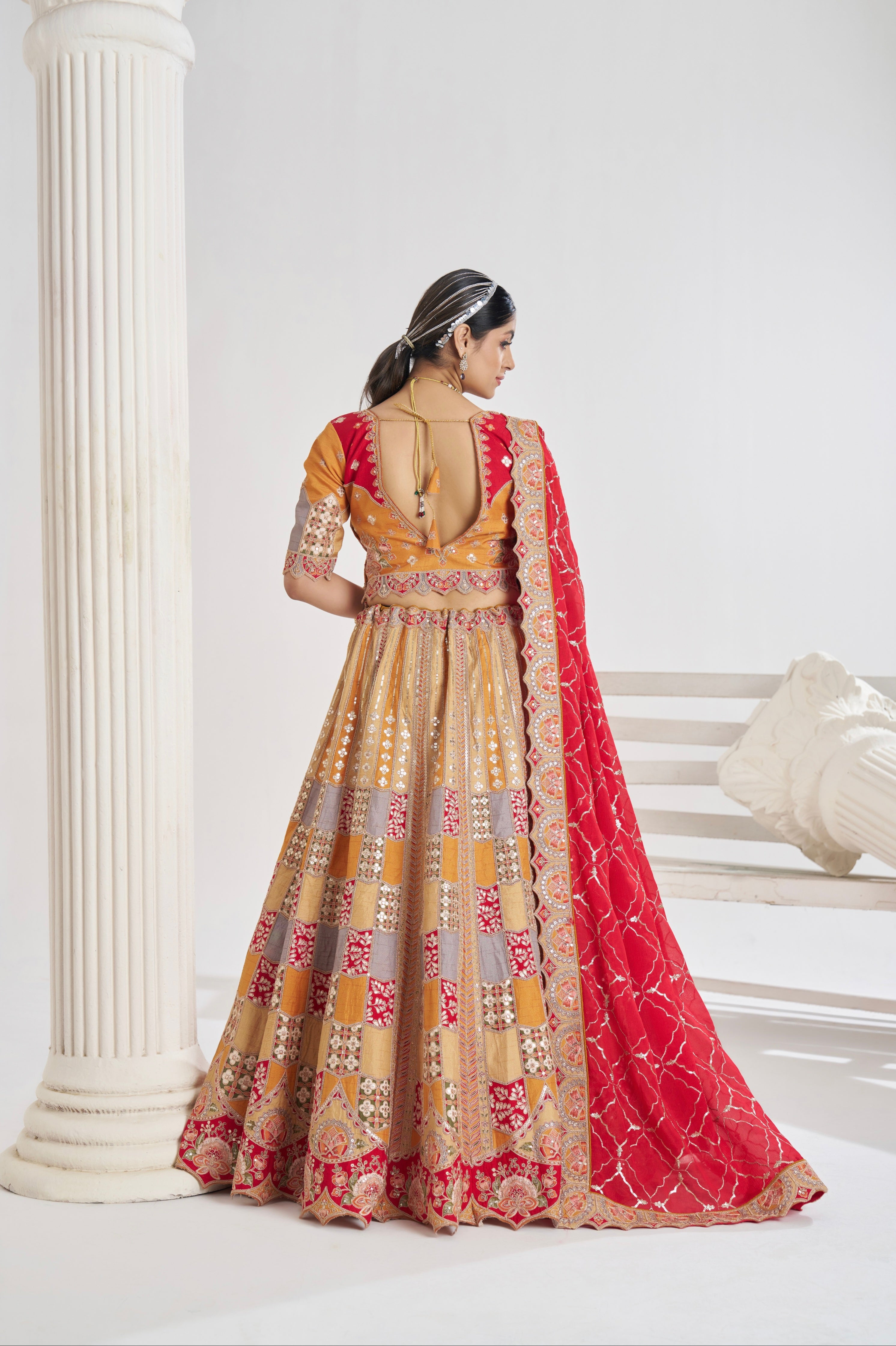 Mustard Dola Silk Bridal Lehenga with Red Dupatta