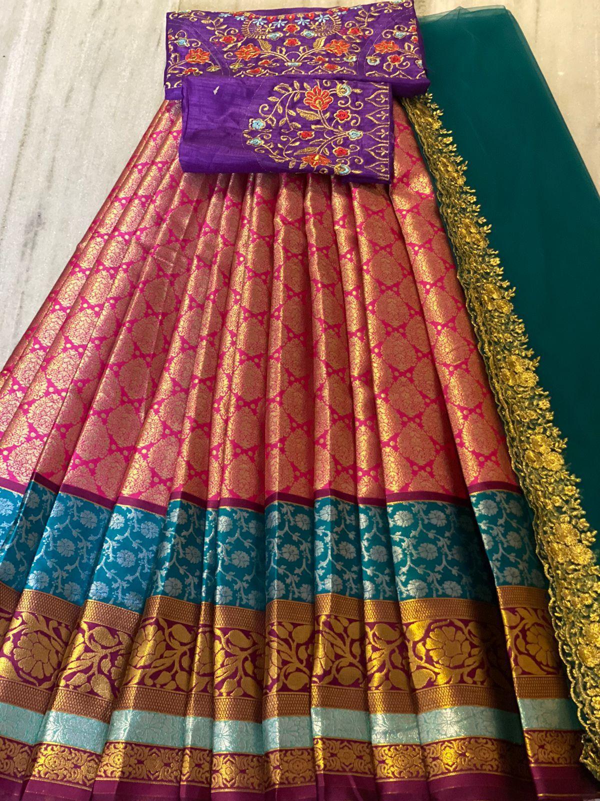 Beautiful Kanjiveram Silk Pure Zari HALF Saree with Blouse Along With Dupptta - Anant Exports