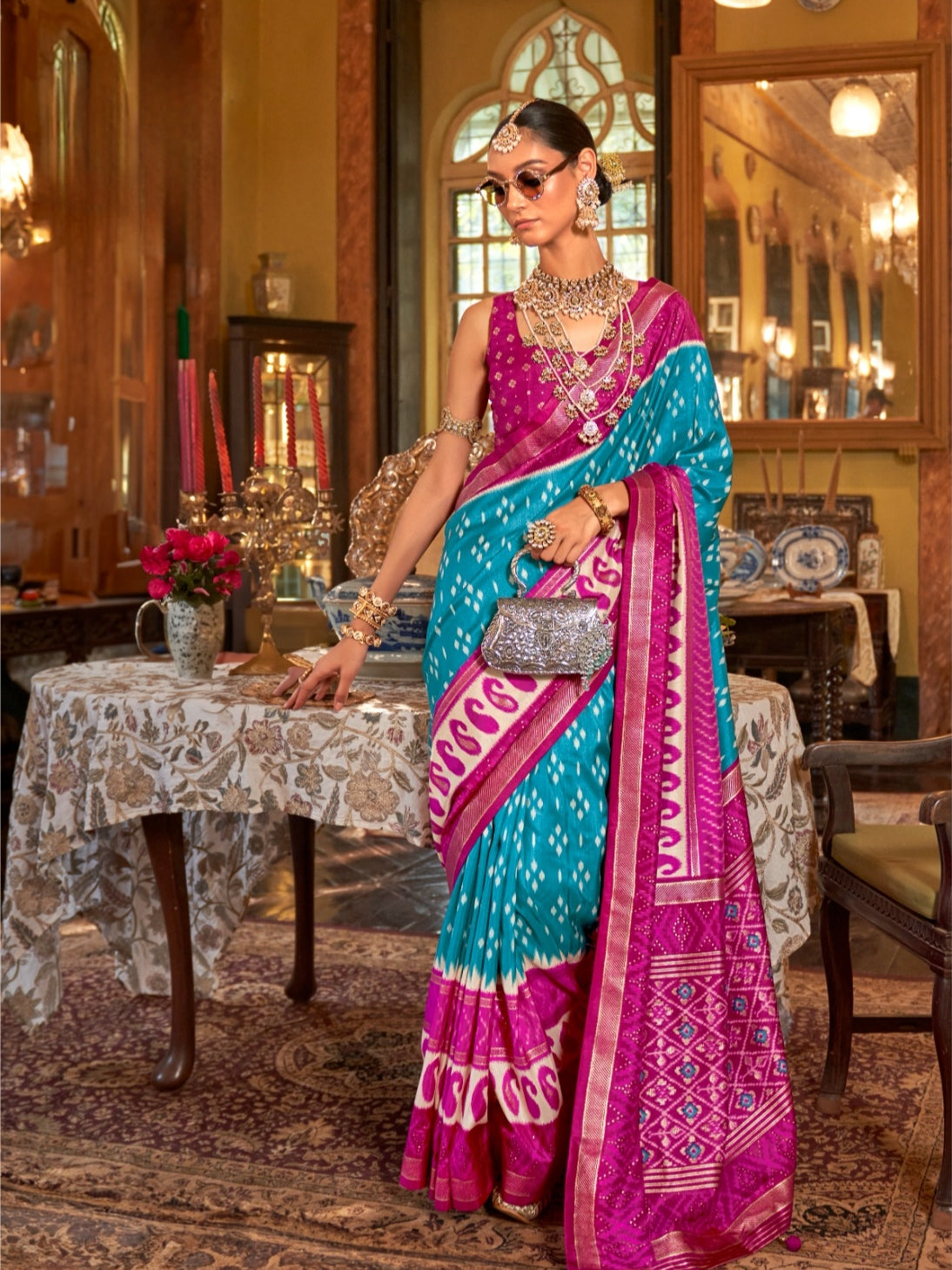 Pink &amp; Blue Designer Patola Silk Saree