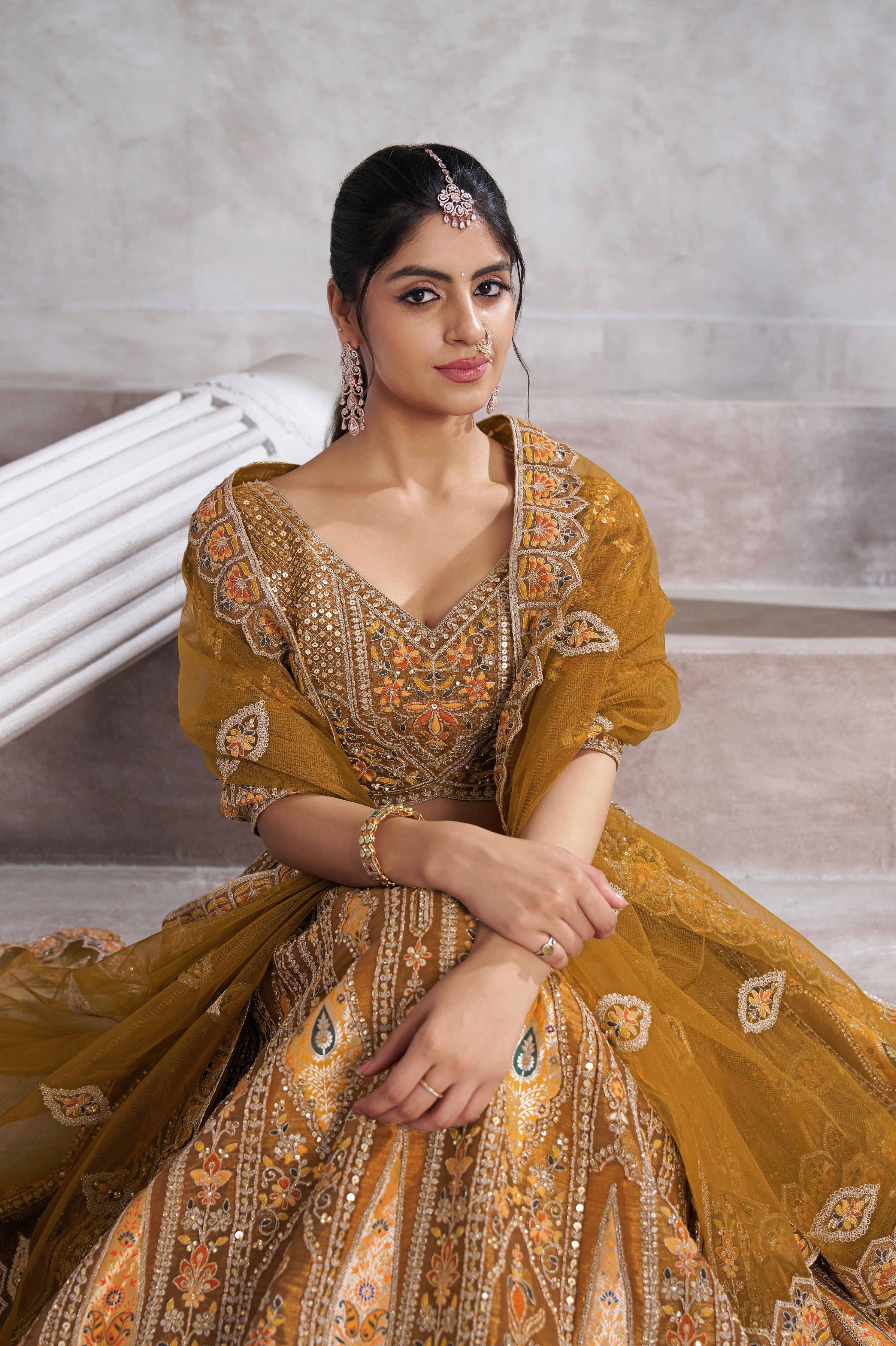 Mustard Banarasi Silk Lehenga with Aari Embroidery