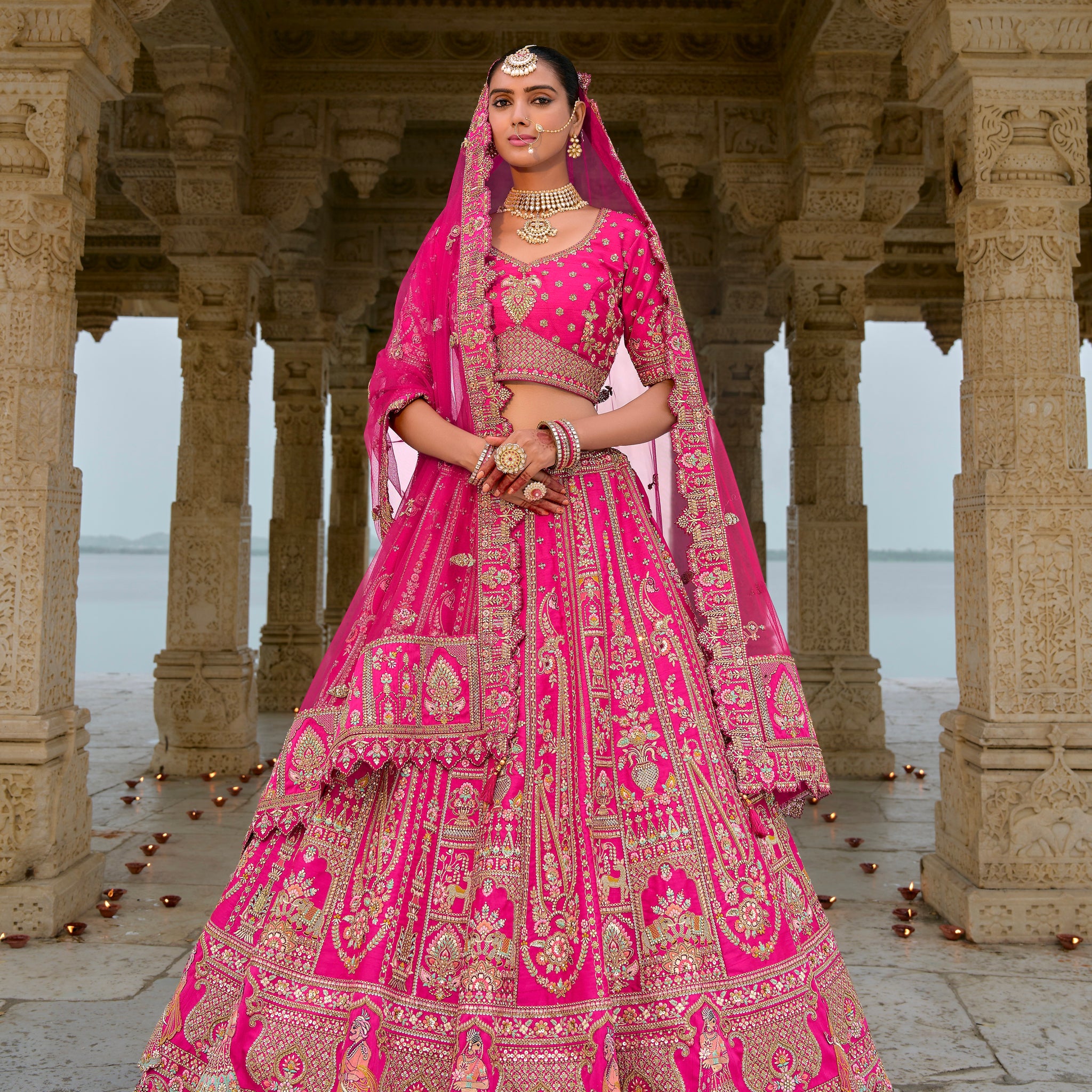 Bright Pink and Gold Embroidered Bridal Lehenga
