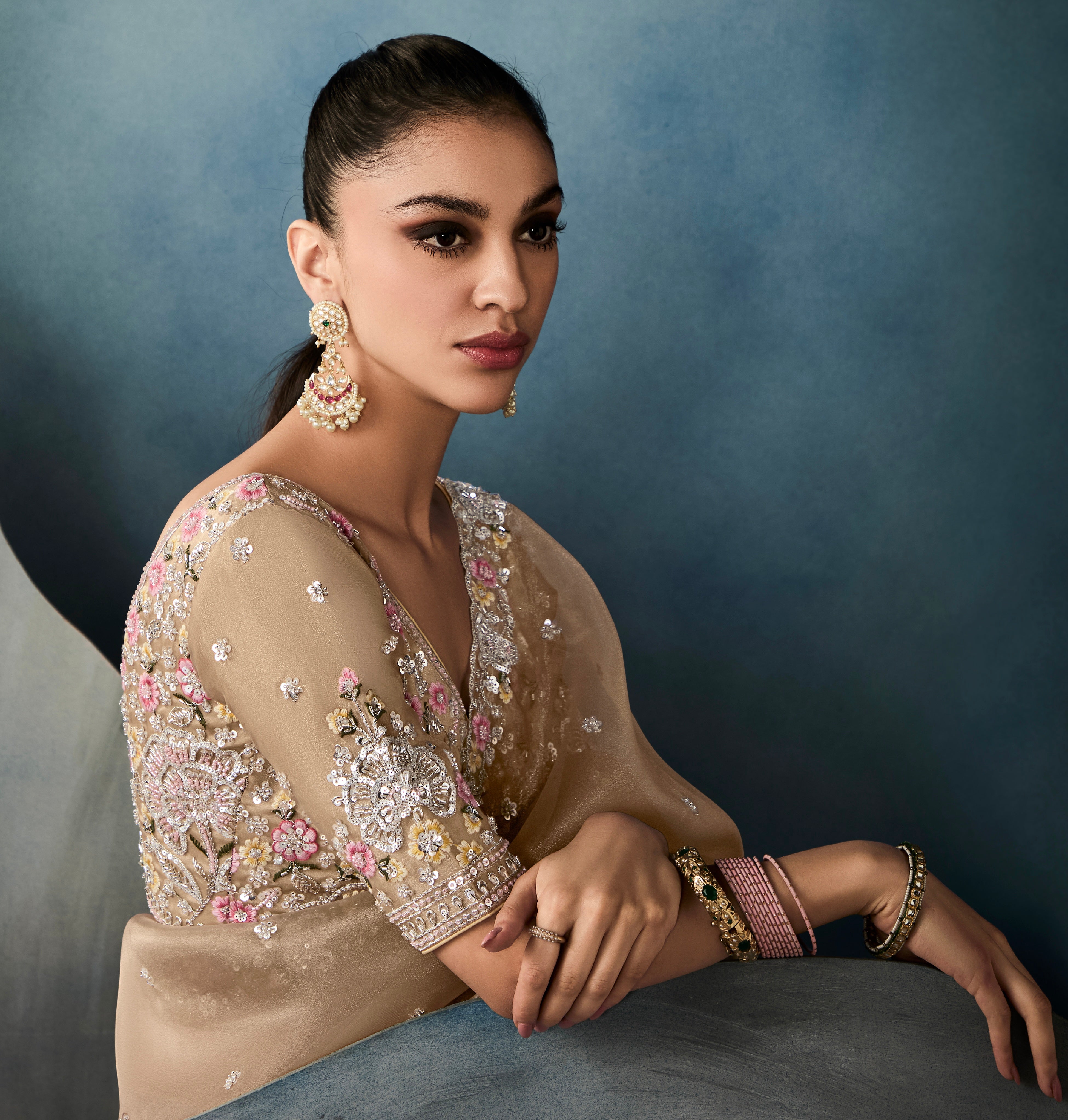 Designer champagne gold tissue saree with satin blouse and handwork

