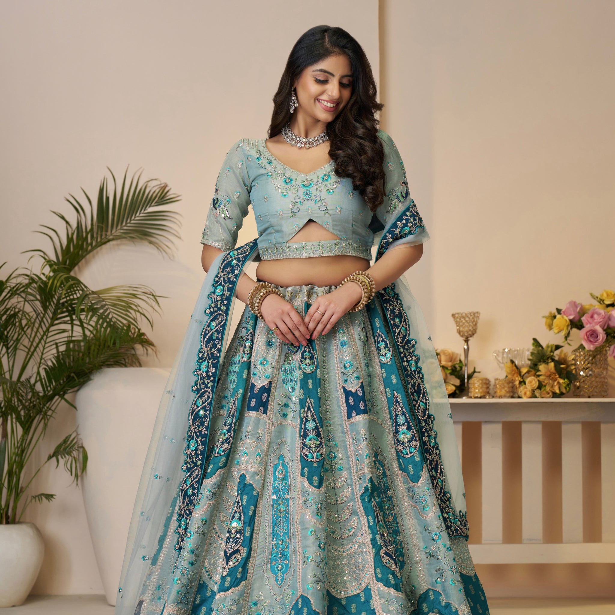 Sky Blue Banarasi Silk Lehenga Set