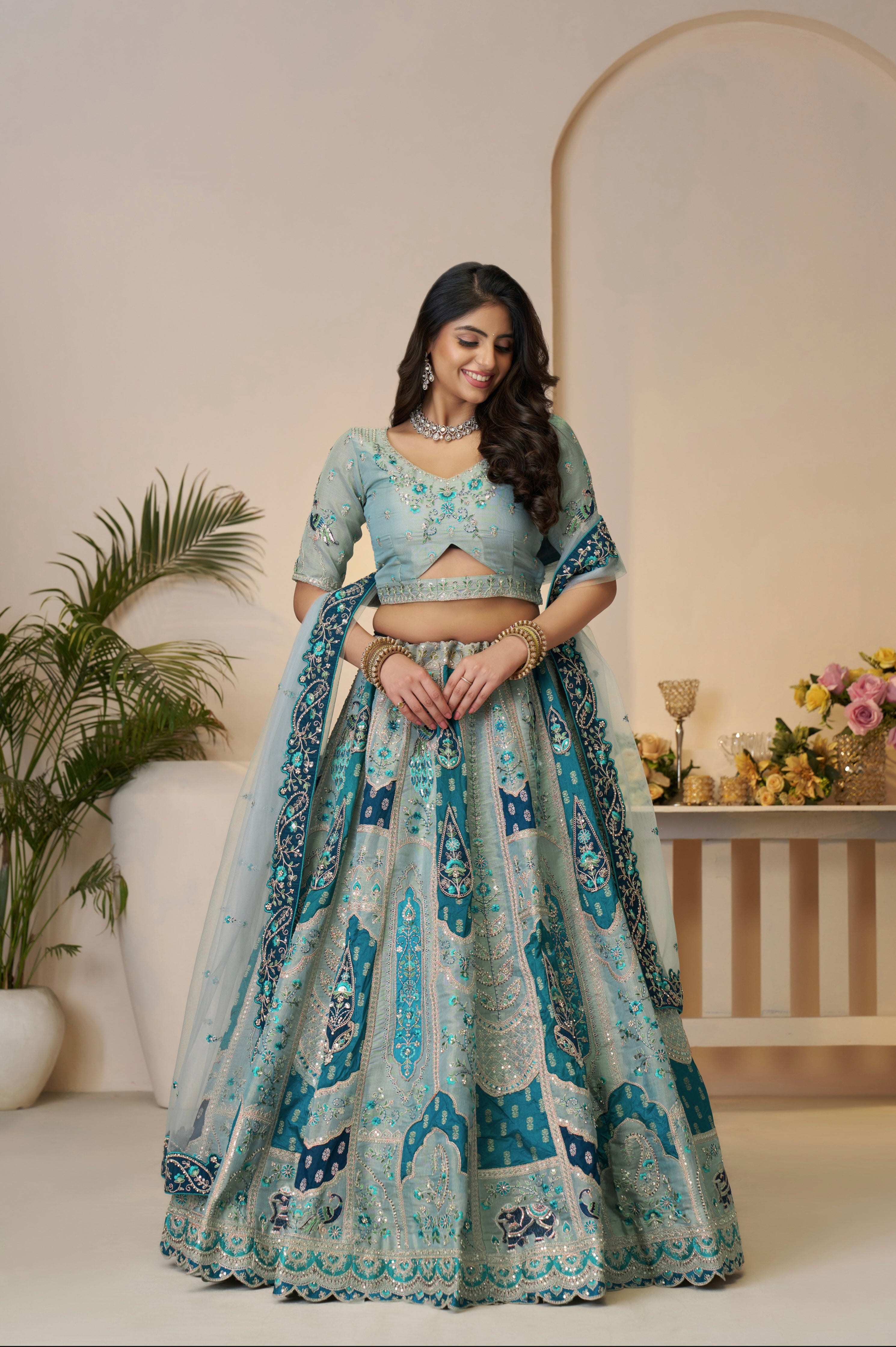 Sky Blue Banarasi Silk Lehenga Set