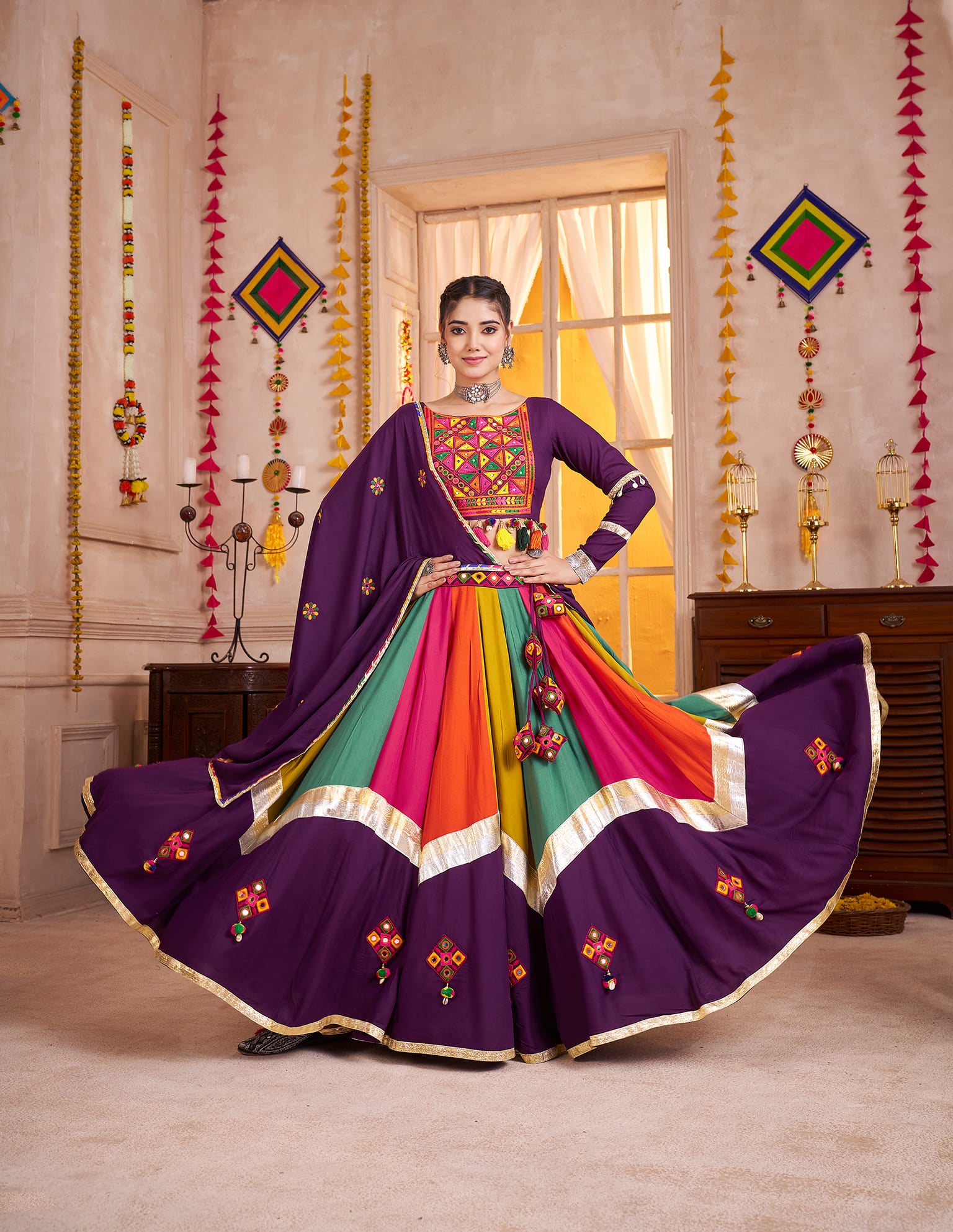 Purple Multicolor Navratri Chaniya Choli with Embroidered Dupatta