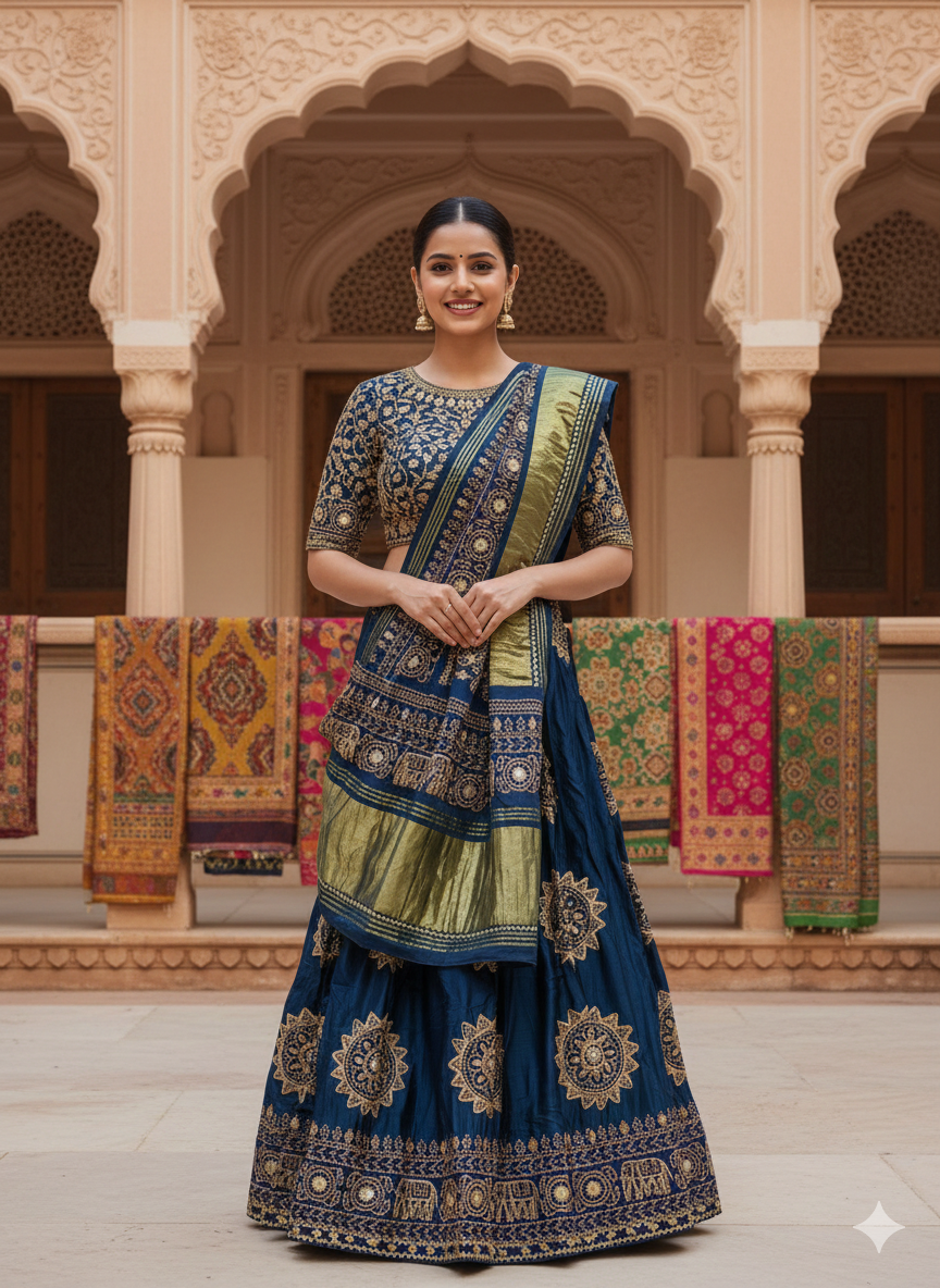 Blue Pure Modal Gajji Silk Rajsthani Lehenga Choli ##color## Gharchola Lehenga Choli with premium fabric and embroidery