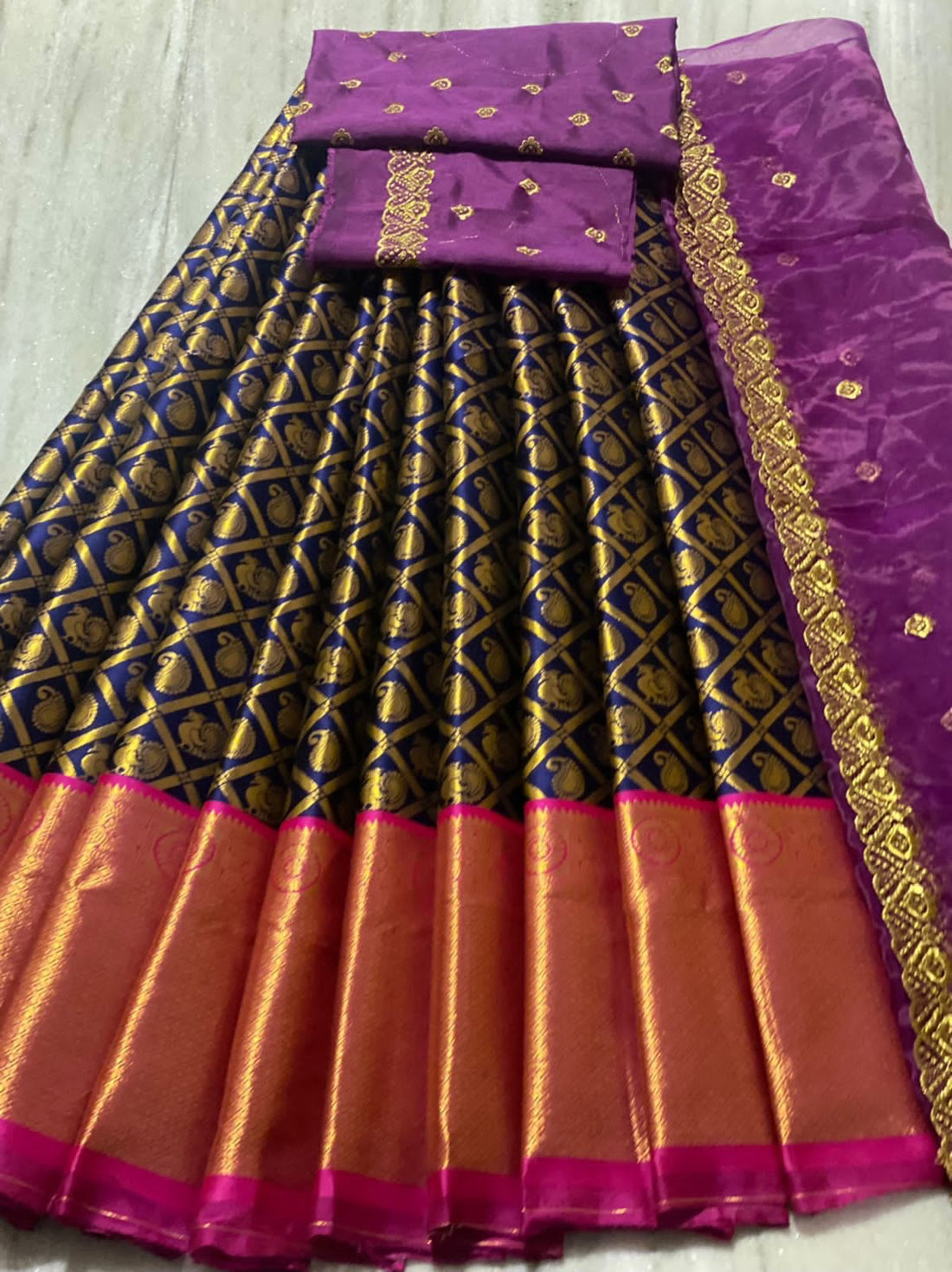 Beautiful Kanjiveram Silk Pure Zari HALF Saree with Blouse Along With Dupptta