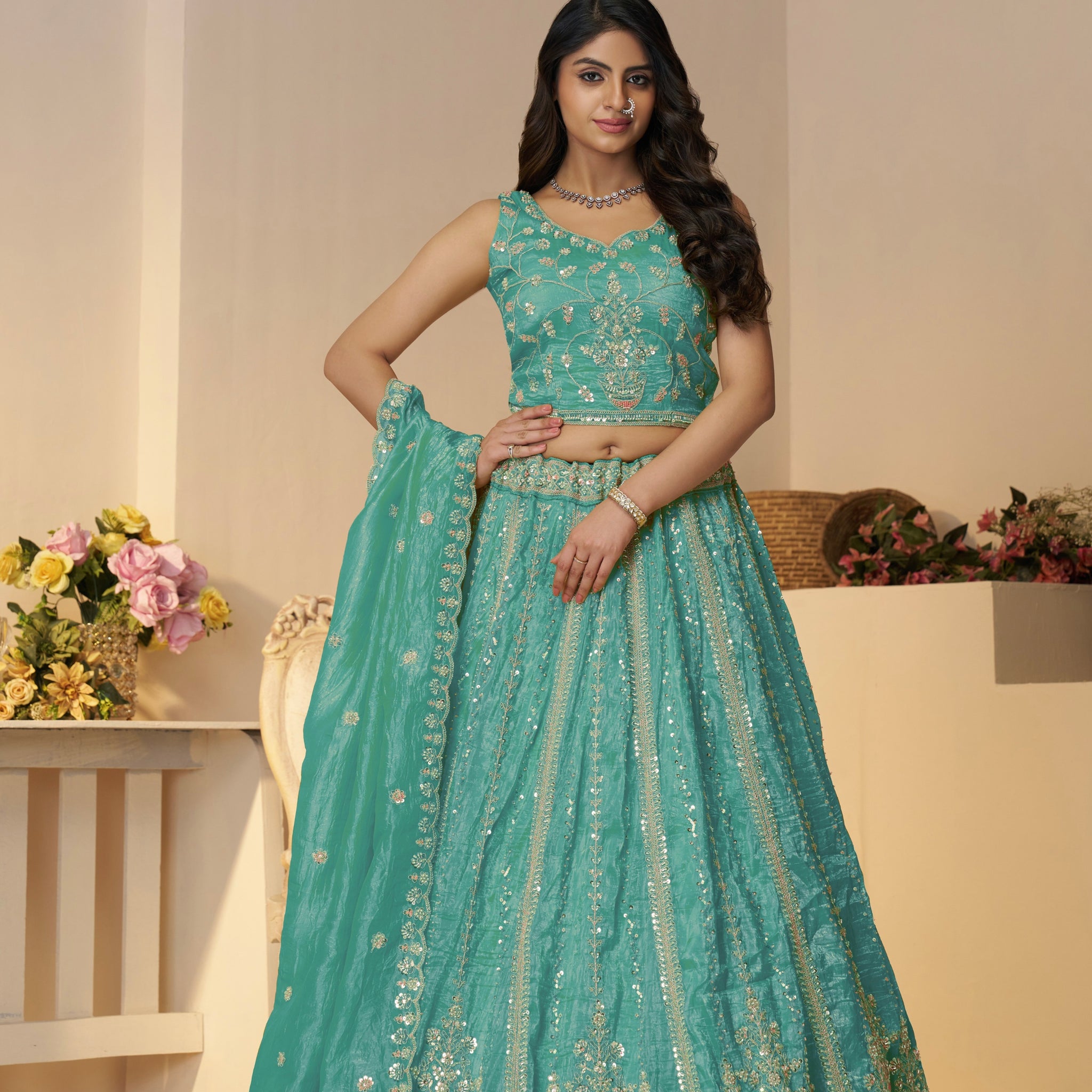 Sky blue bridal lehenga with zari and sequin embroidery – front view


