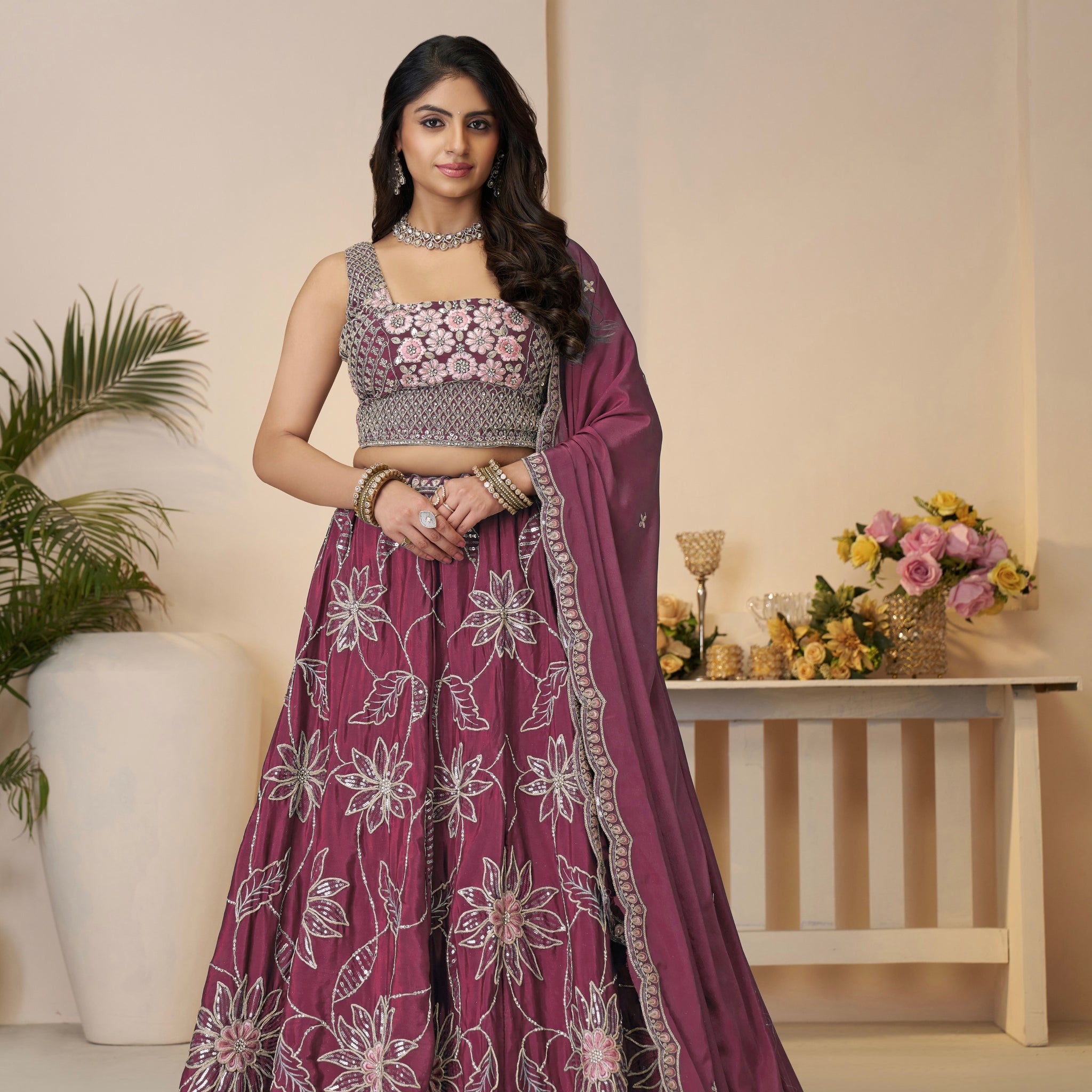 Maroon Satin Silk Lehenga Choli Set

