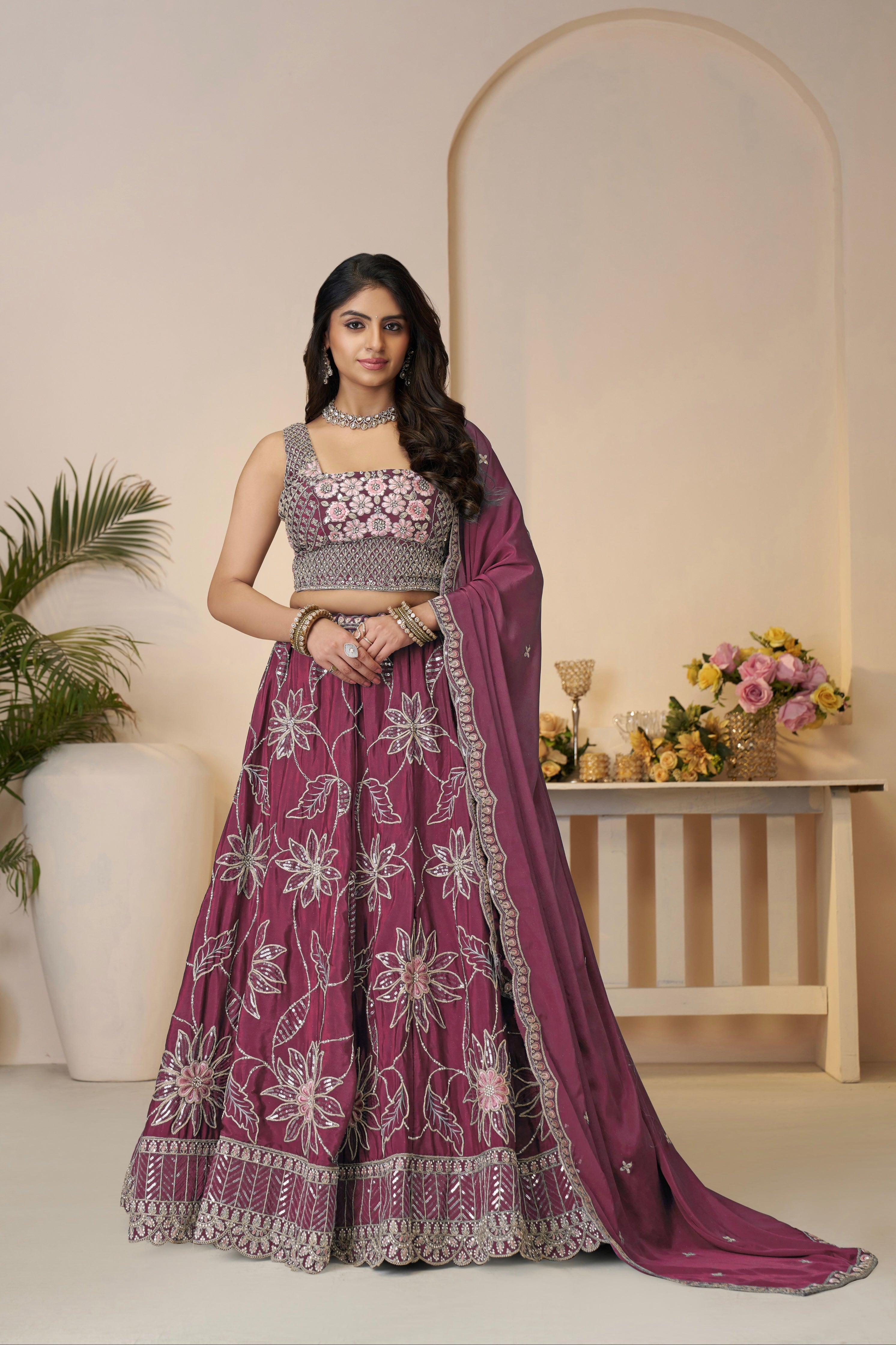 Maroon Satin Silk Lehenga Choli Set

