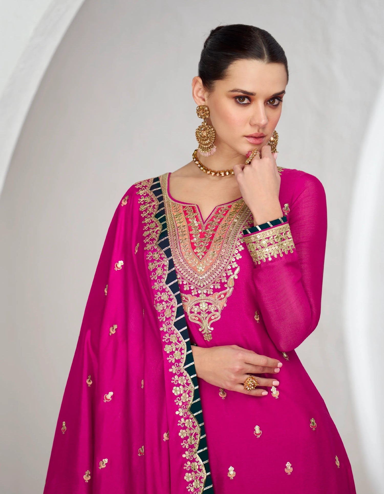Pink Chinnon Silk Anarkali Suit with Embellished Skirt &amp; Dupatta