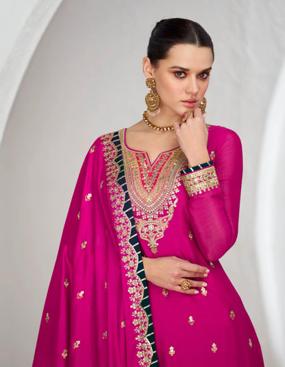 Pink Chinnon Silk Anarkali Suit with Embellished Skirt &amp; Dupatta