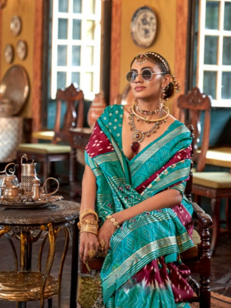 Green &amp; Maroon Designer Patola Silk Saree