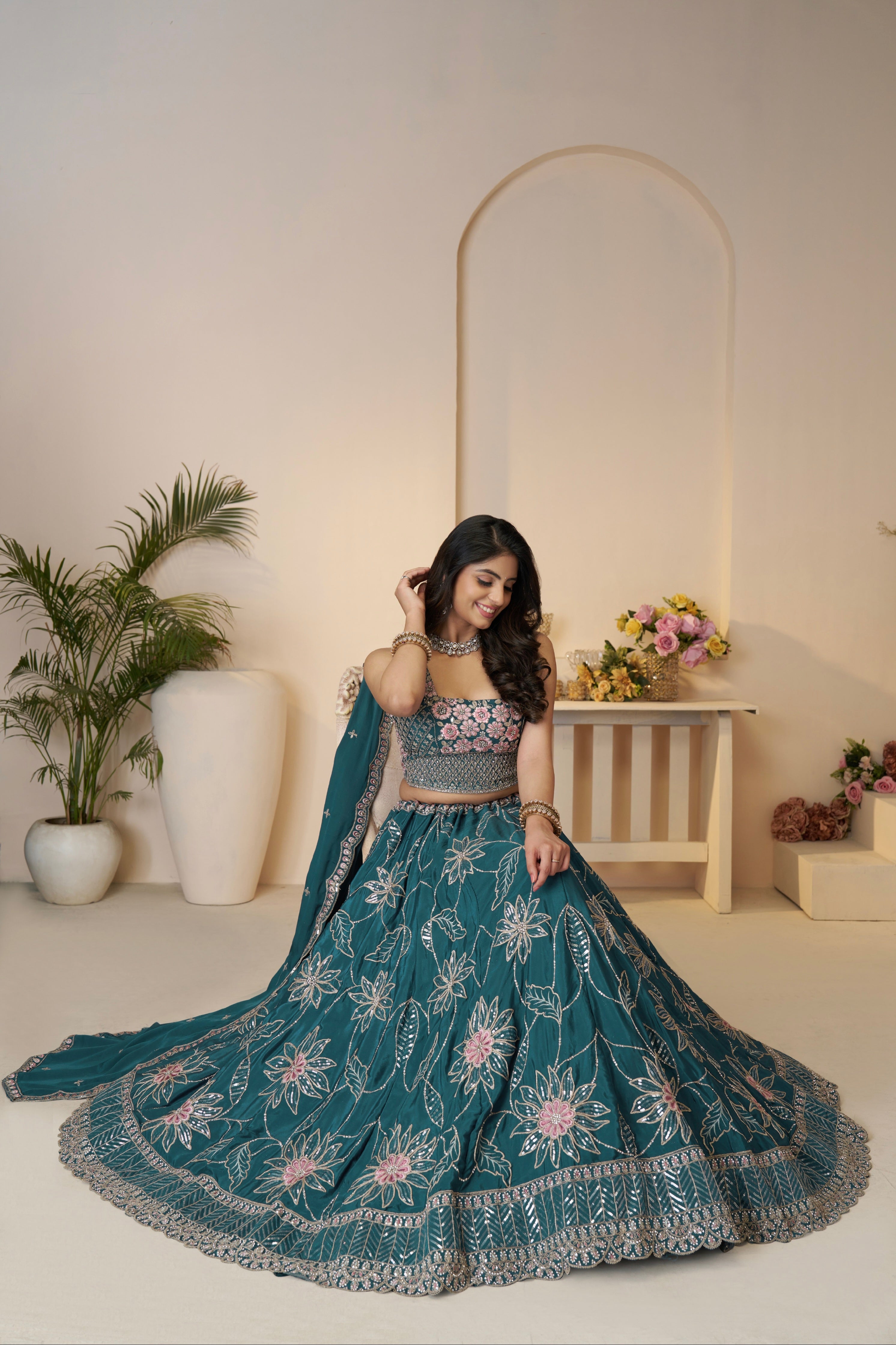 Designer Blue Lehenga with Floral Embellishments

