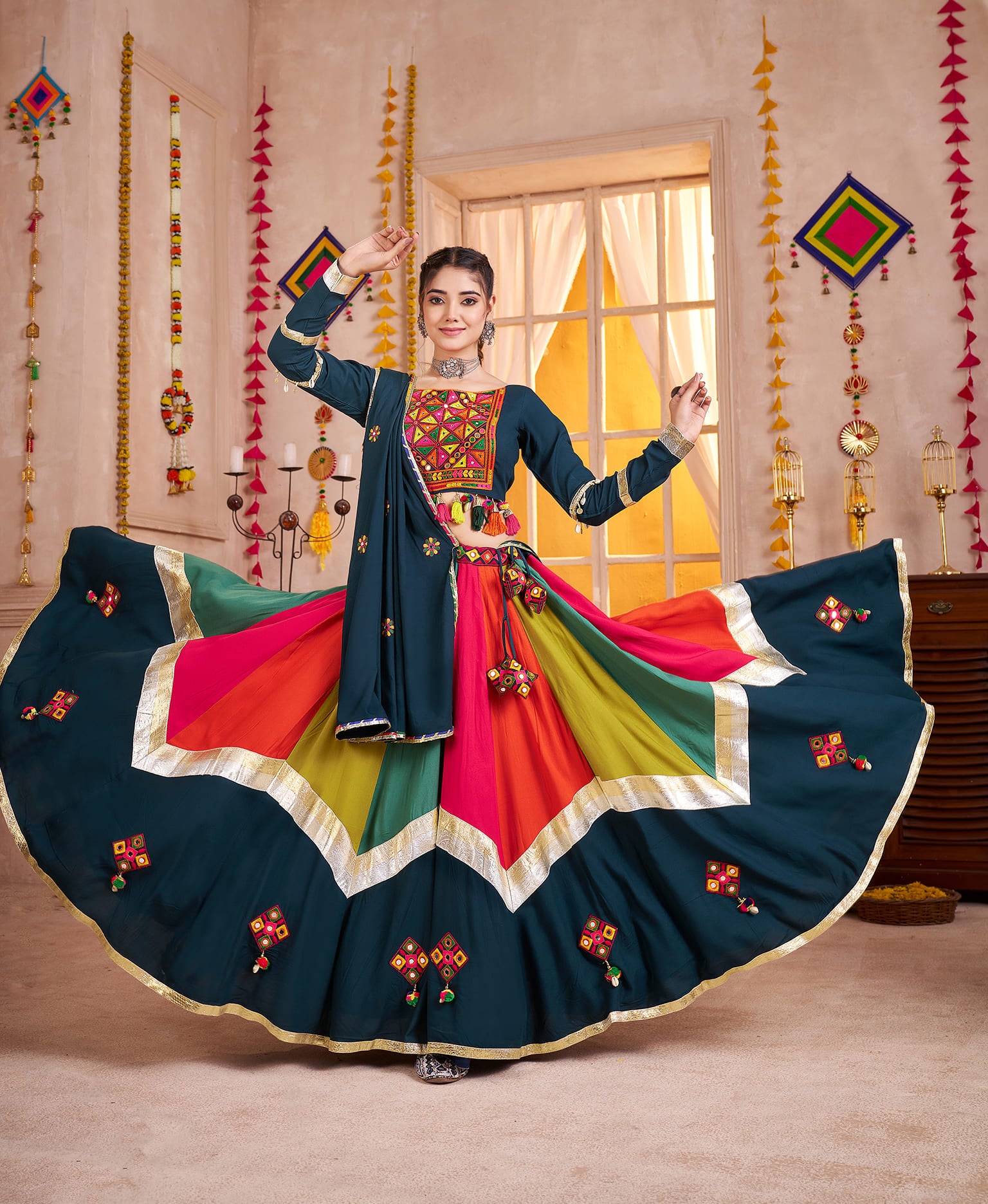 Teal Blue Multicolor Navratri Chaniya Choli with Mirror Work