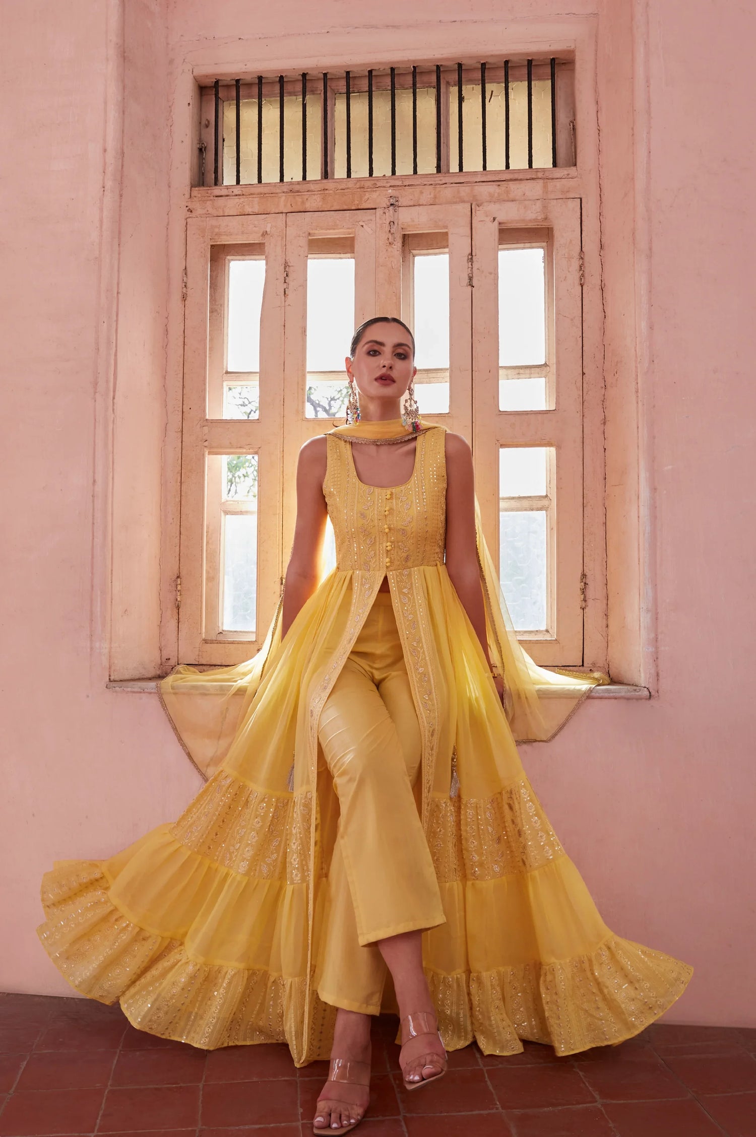 Yellow Full Flared Anarkali Gown In Georgette With Thread And Sequins Embroidery XXL Yellow Full Flared Anarkali Gown In Georgette With Thread And Sequins Embroidery XXL