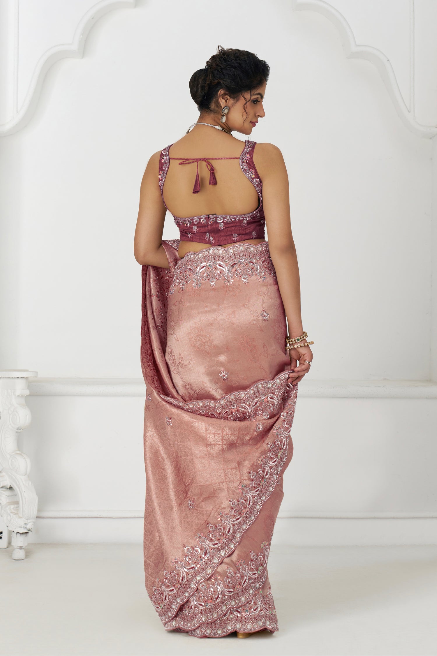 Wedding wear saree in pure Dola silk with pink blouse