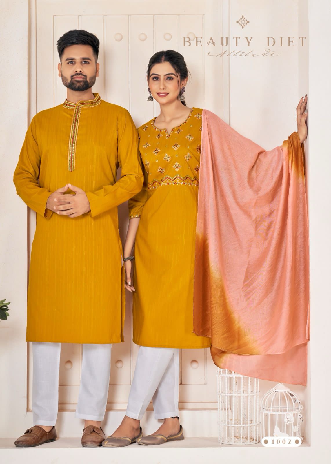 Festival Couple combo of Kurta with Pajama & Kurti with Pants & Dupatta Couple Goal X