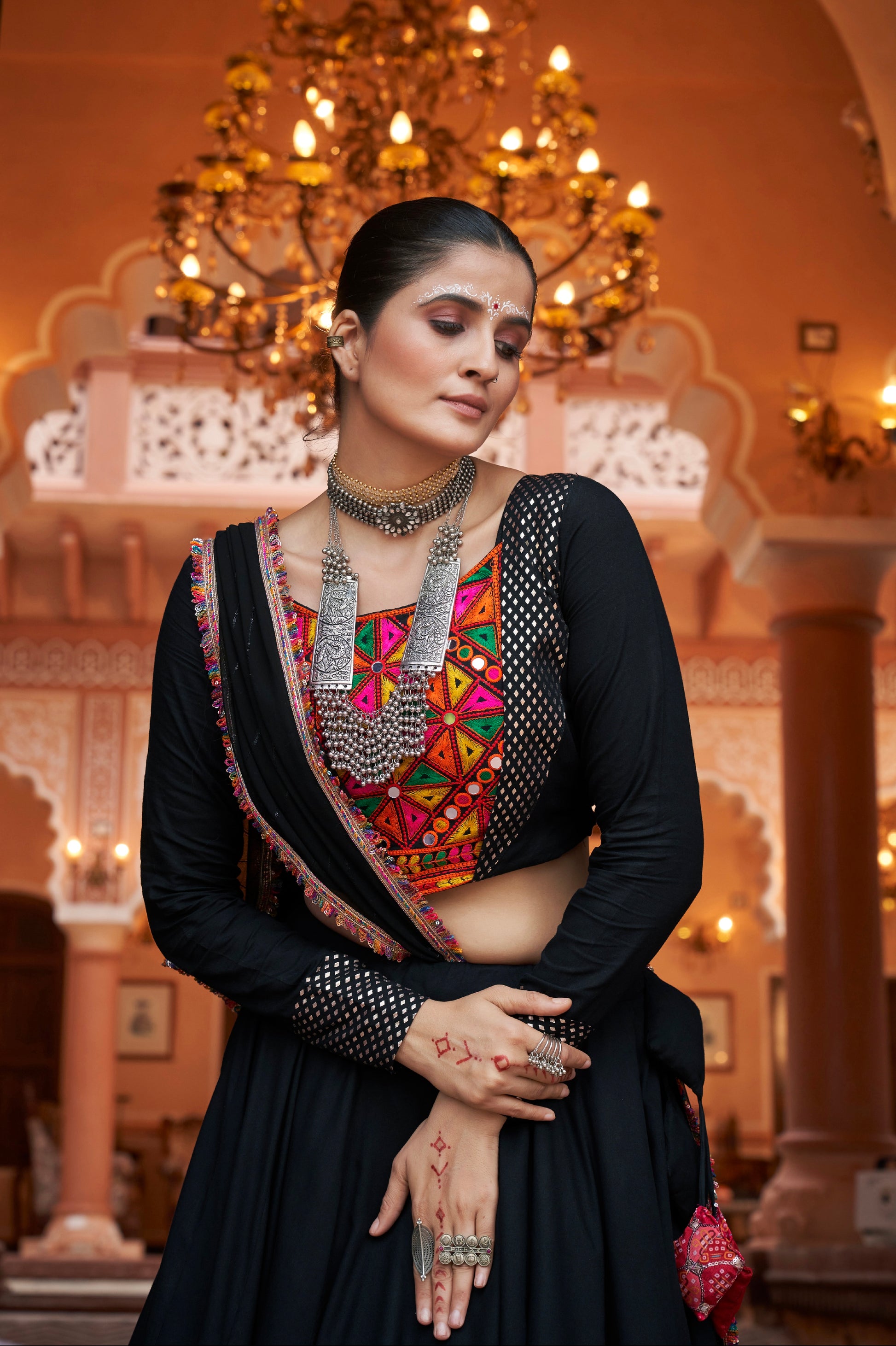 Black & Gold Embroidered Viscose Rayon Chaniya Choli