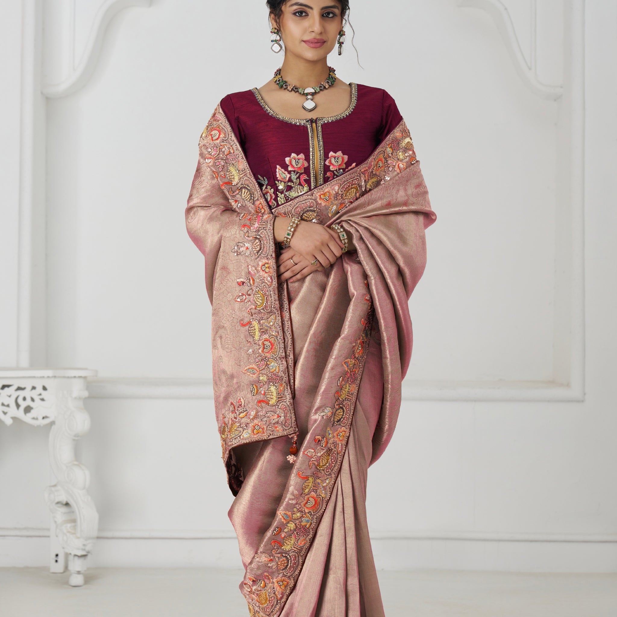 Pink Dola silk saree with sequin embroidery