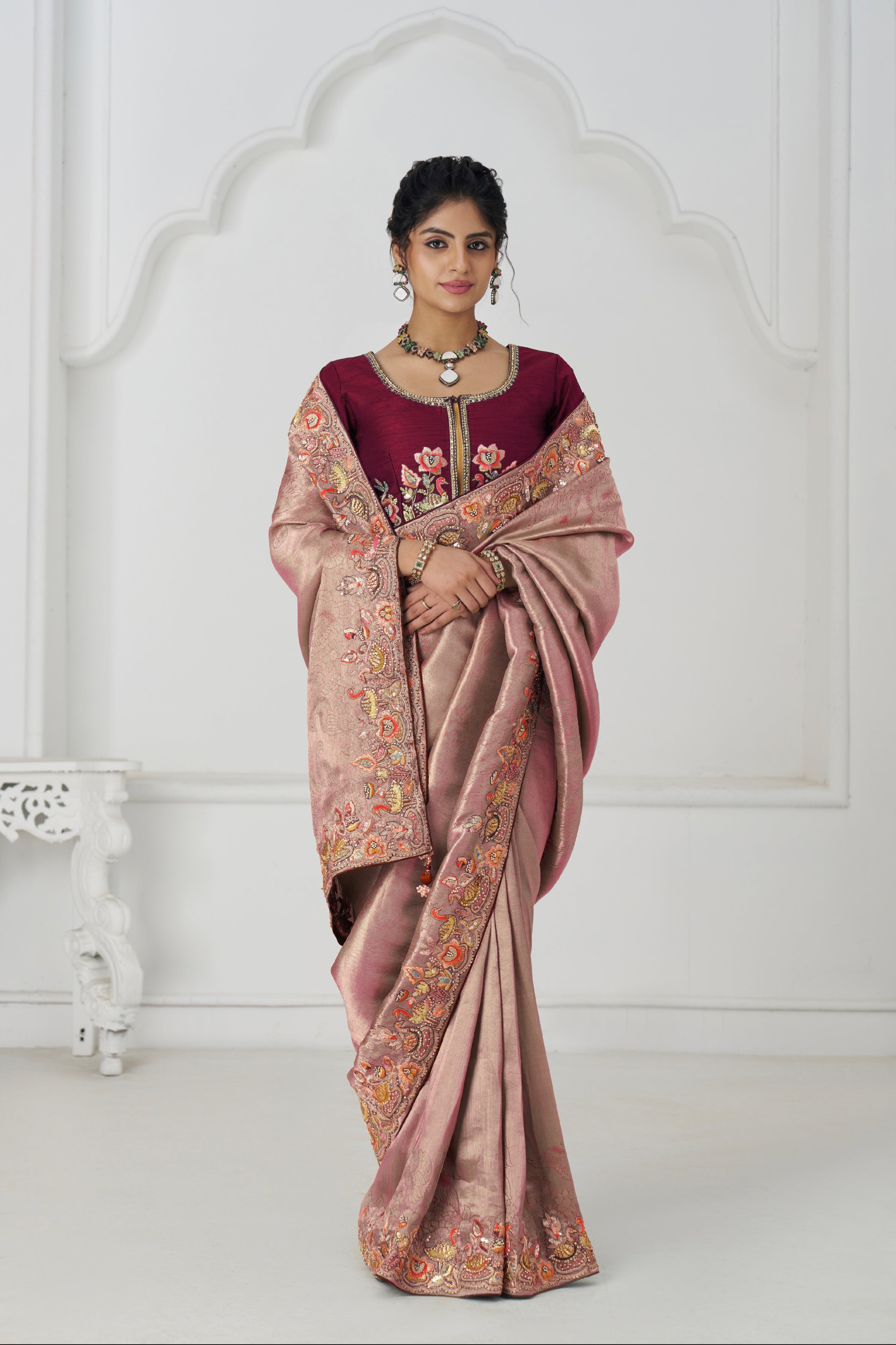 Pink Dola silk saree with sequin embroidery