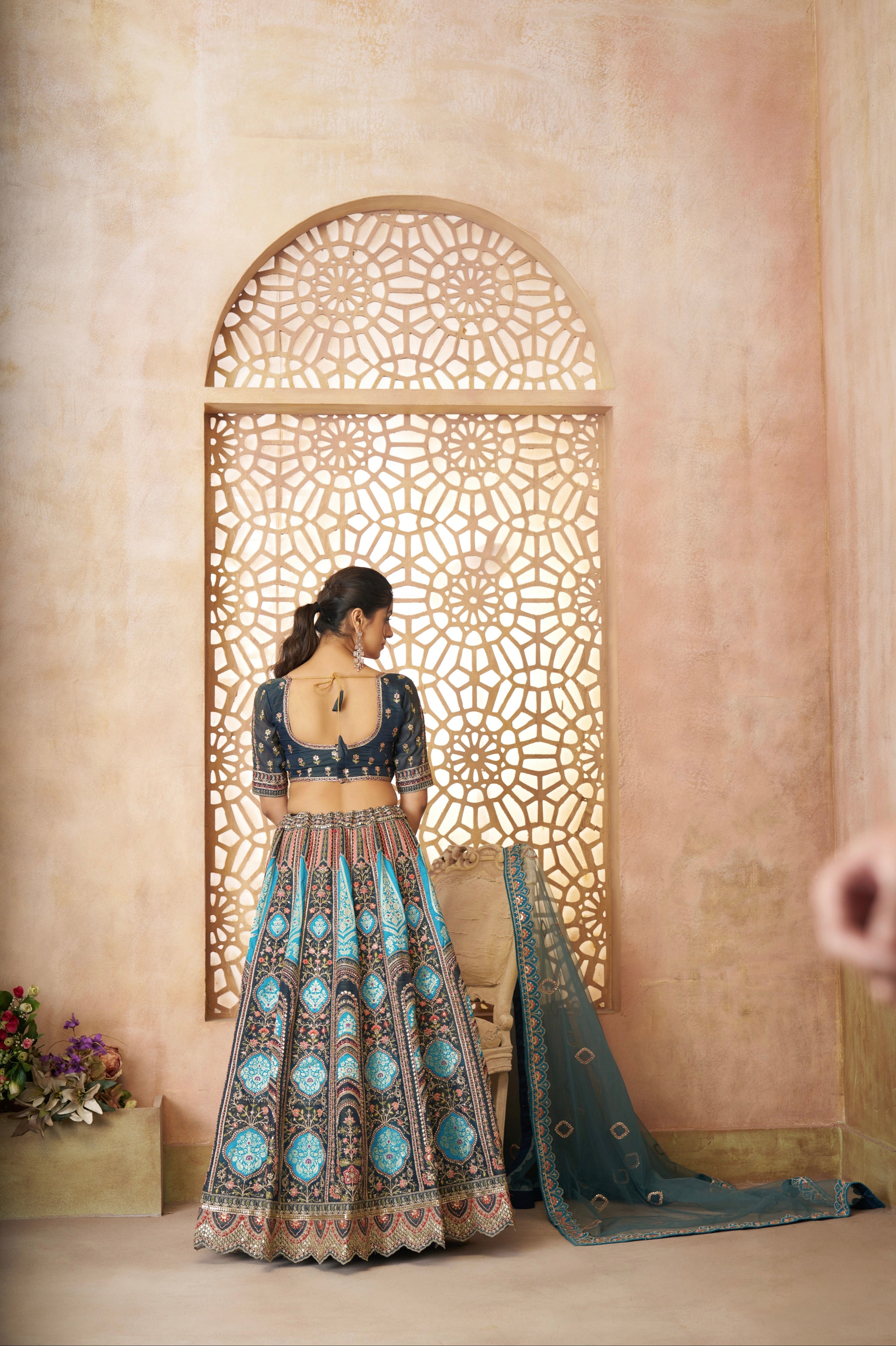 Banarasi lehenga choli in blue with embroidered blouse
