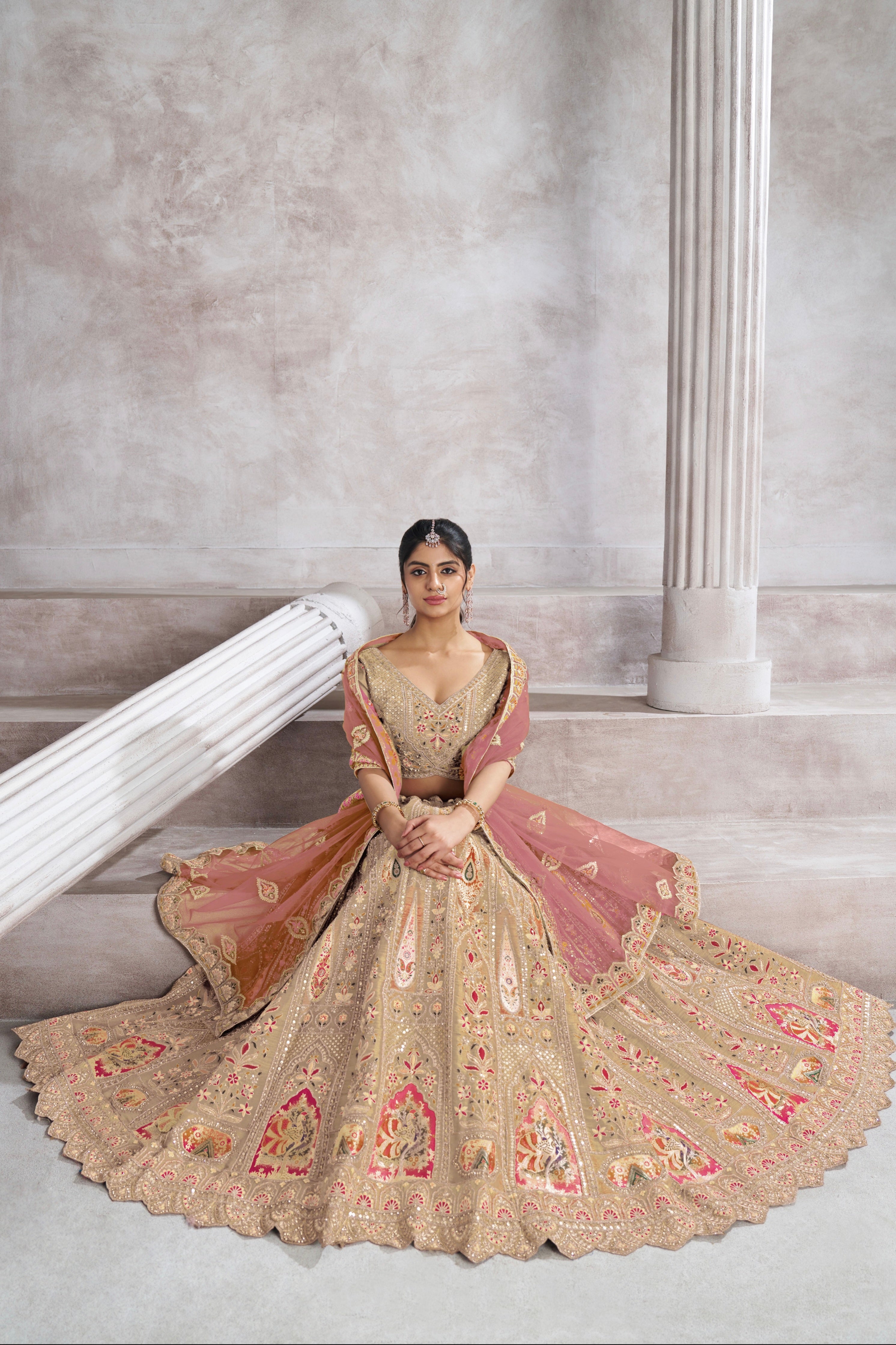 Chiku Banarasi Silk Lehenga with Aari Embroidery