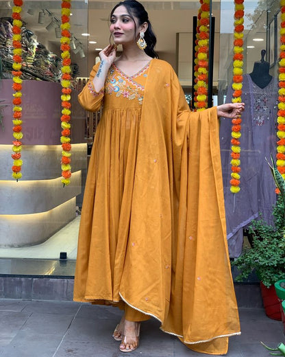 Mustard Viscose Anarkali Kurti Set with Embroidered Dupatta