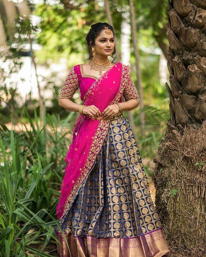 Beautiful Kanjiveram Silk Pure Zari HALF Saree with Blouse Along With Dupptta - Anant Exports