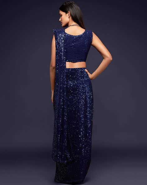 Blue Pure Chiffon Sequins Embroidery Work Ready to Wear Saree 
