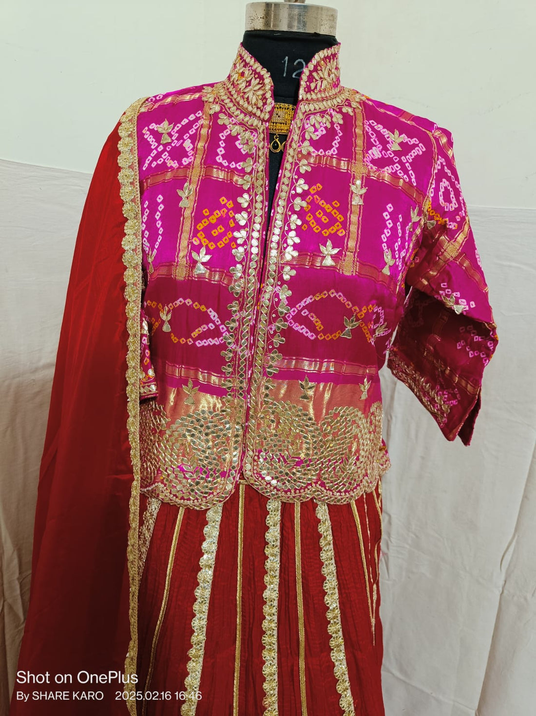 Red &amp; Pink Pure Upada Crush Gajji Silk Gharchola Rajsthani Lehenga Choli 